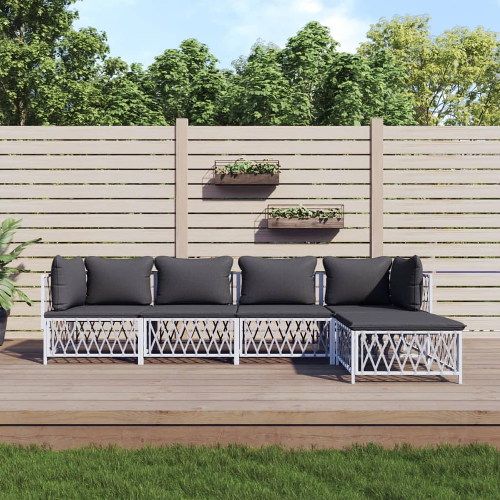 Salon de jardin avec coussins 5 pcs blanc acier pour terrasse