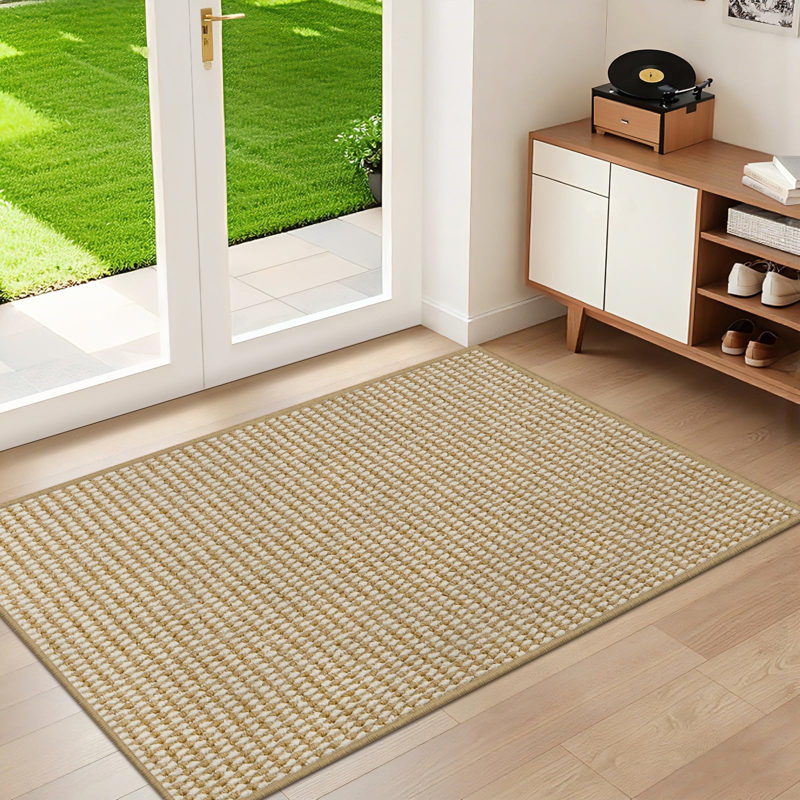 Zerbino per Ingresso 80 x 120 cm, Ultra Sottile Zerbino Interno ed Esterno Assorbente, Lavabile in Lavatrice Tappeto Ingresso Interno Antiscivolo, Tappetino Entrata, Beige Bianco