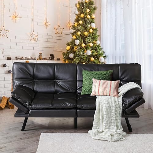 Hcore Sofá de futón de espuma de memoria,Cama de dos plazas,Pequeño sofá moderno con respaldo dividido, PU negro