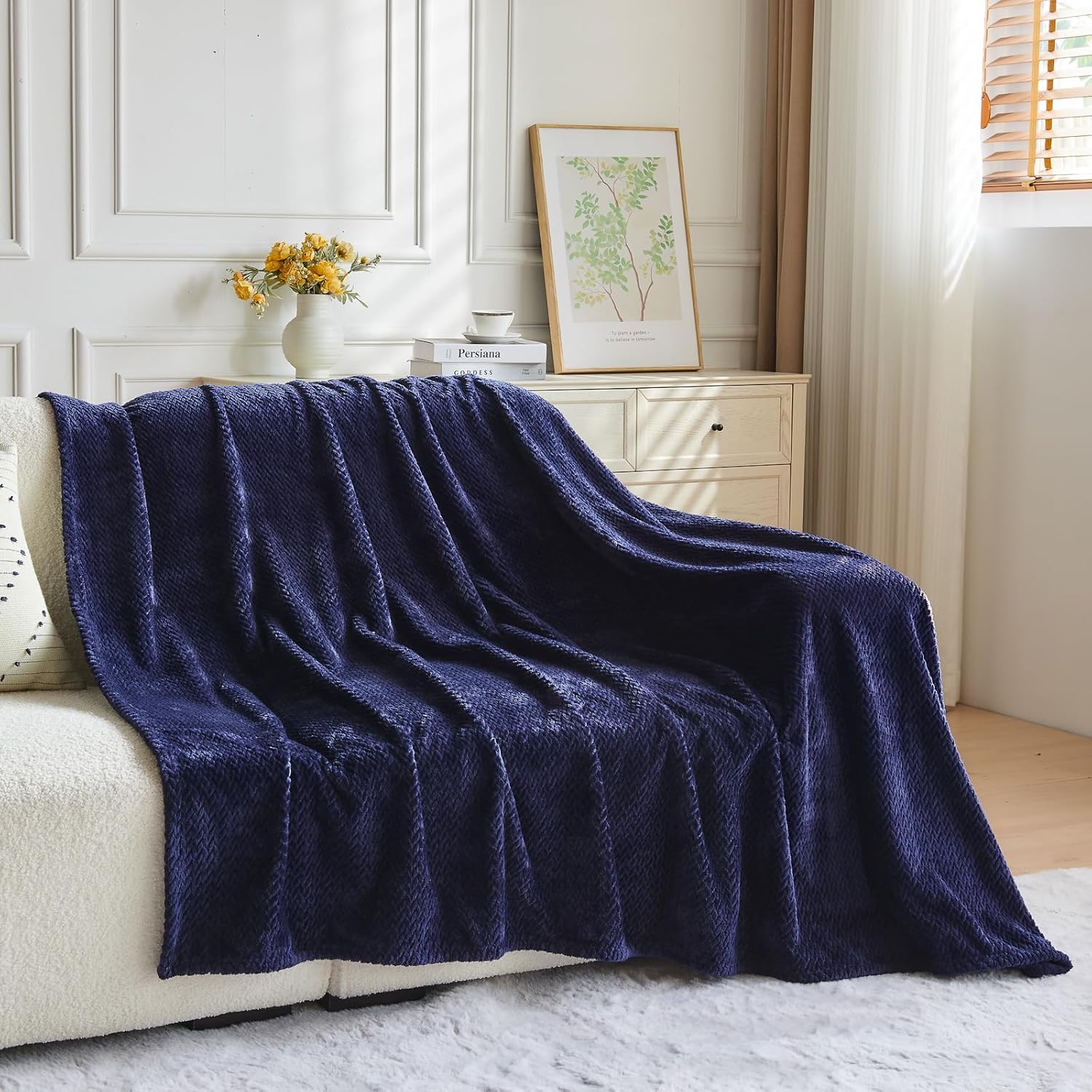 NEWCOSPLAY Super Soft Twin Blanket Dark Navy Premium Silky Flannel Fleece Leaves Pattern Lightweight Bed Blanket All Season Use (Dark Navy, Twin(60"x80")) - Image 7