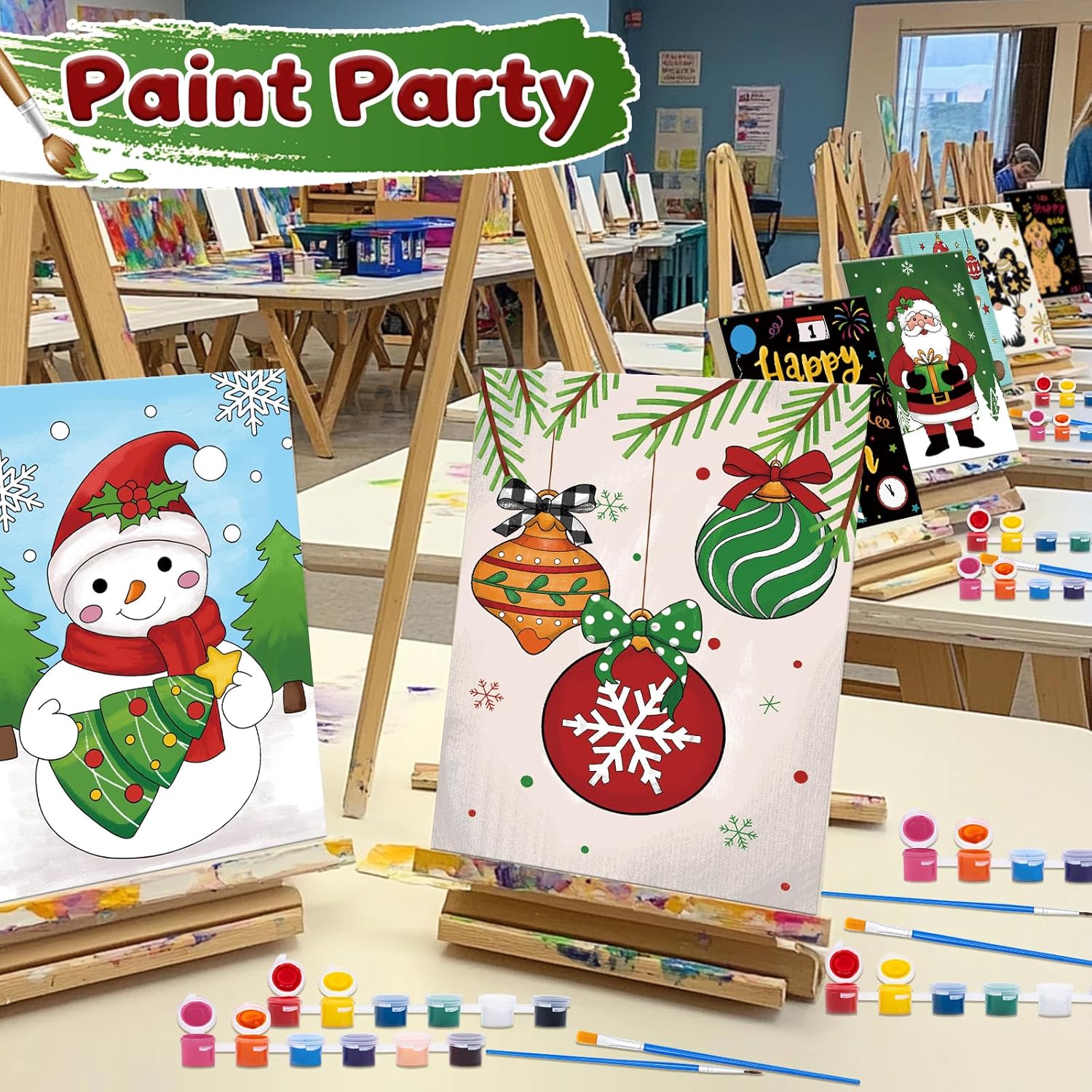 Anseal 84 Pcs Kids Paint Party Set,Canvas Painting Kit Party Favors Include 12 Pre Drawn Canvas 12 Brushes 12 Palettes 12 Set Acrylic Paints 12 Apron for Kids Students Art Paint Christmas Party