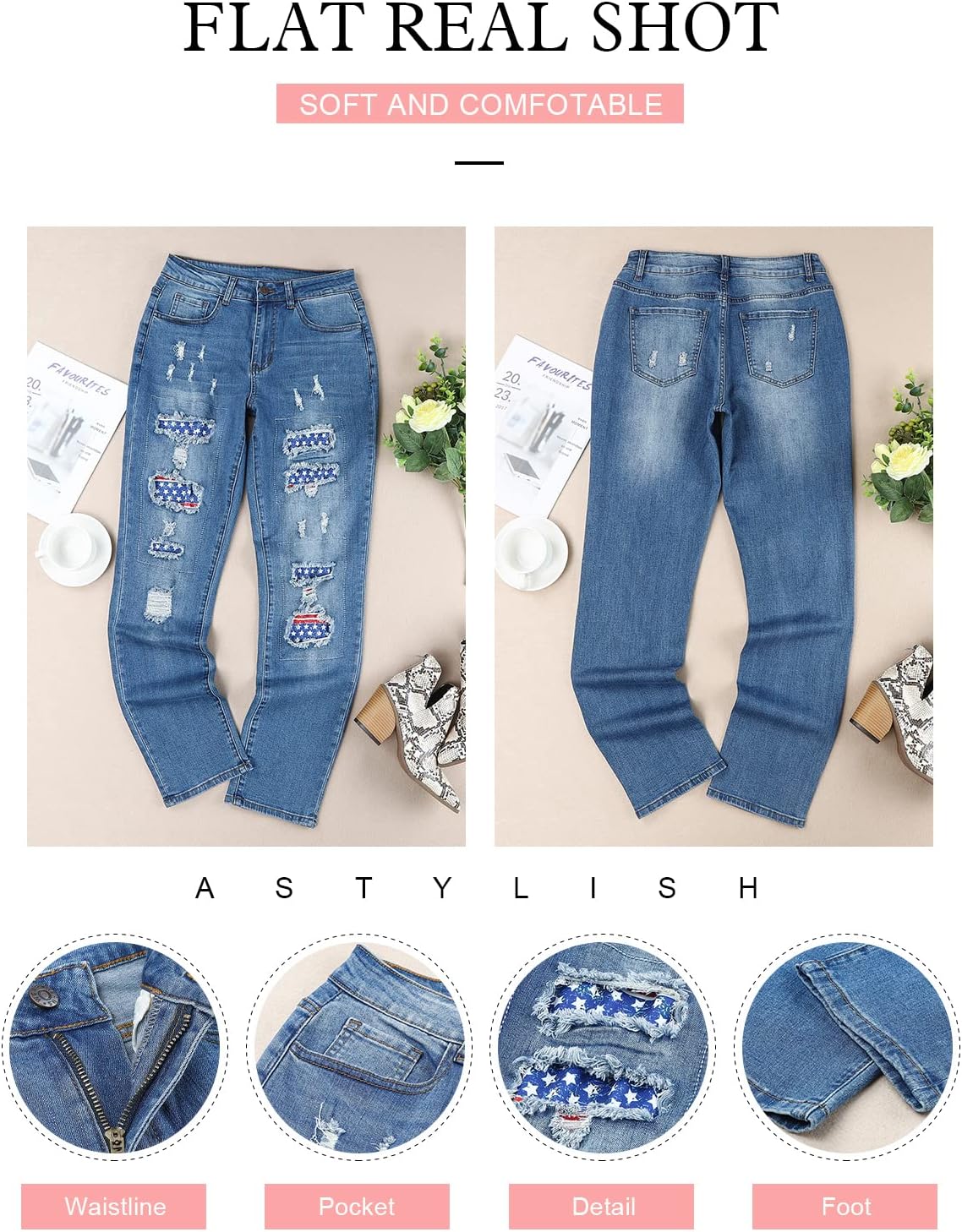 Astylish Womens Plaid Patch Ripped Boyfriend Distressed Stretch Skinny Denim Jeans - Image 4