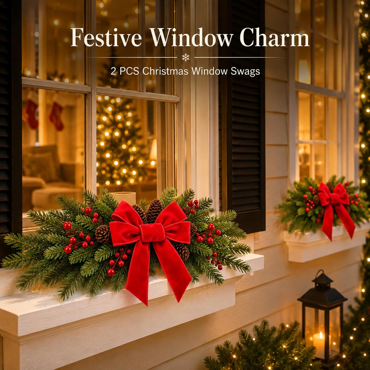 2 Pcs 24 Inch Christmas Swags with Red Velvet Bow for Window