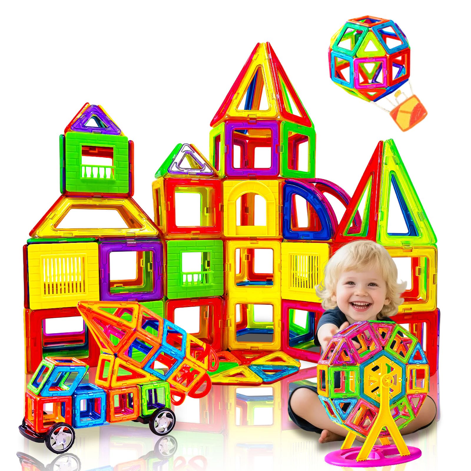 woollywink Magnetische Bausteine Konstruktion für Kinder, Magnetbausteine für Kinder 3D Magnetspiel Lernspielzeug Magnetisches Spielzeug ab 3 Jahren Geschenk für Mädchen und Jungen (132 Stück)