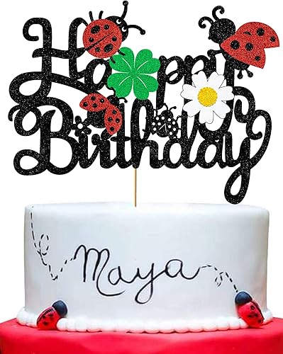 Decoración para tartas de mariquitas, decoración de feliz cumpleaños para niños y niñas, mariquita con purpurina, trébol de margaritas, suministros