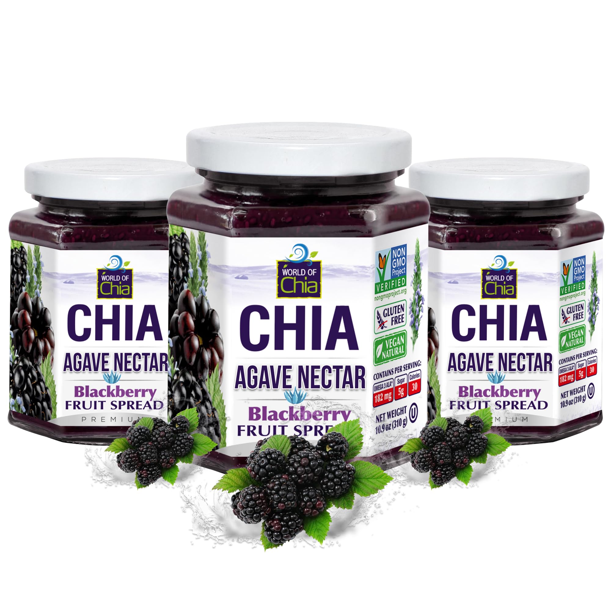 World of Chia Premium Chia Seeds Jam - Blackberry Jams and Preserves - All Natural, Plant Based Chia Jam, Gluten Free, Omega 3, Made in USA, Non GMO, Organic Ingredients, Additive Free, Low Sugar and Low Glycemic, Diabetic Friendly Fruit Spread - (10.9 oz, 310 g Jar) Pack of 3