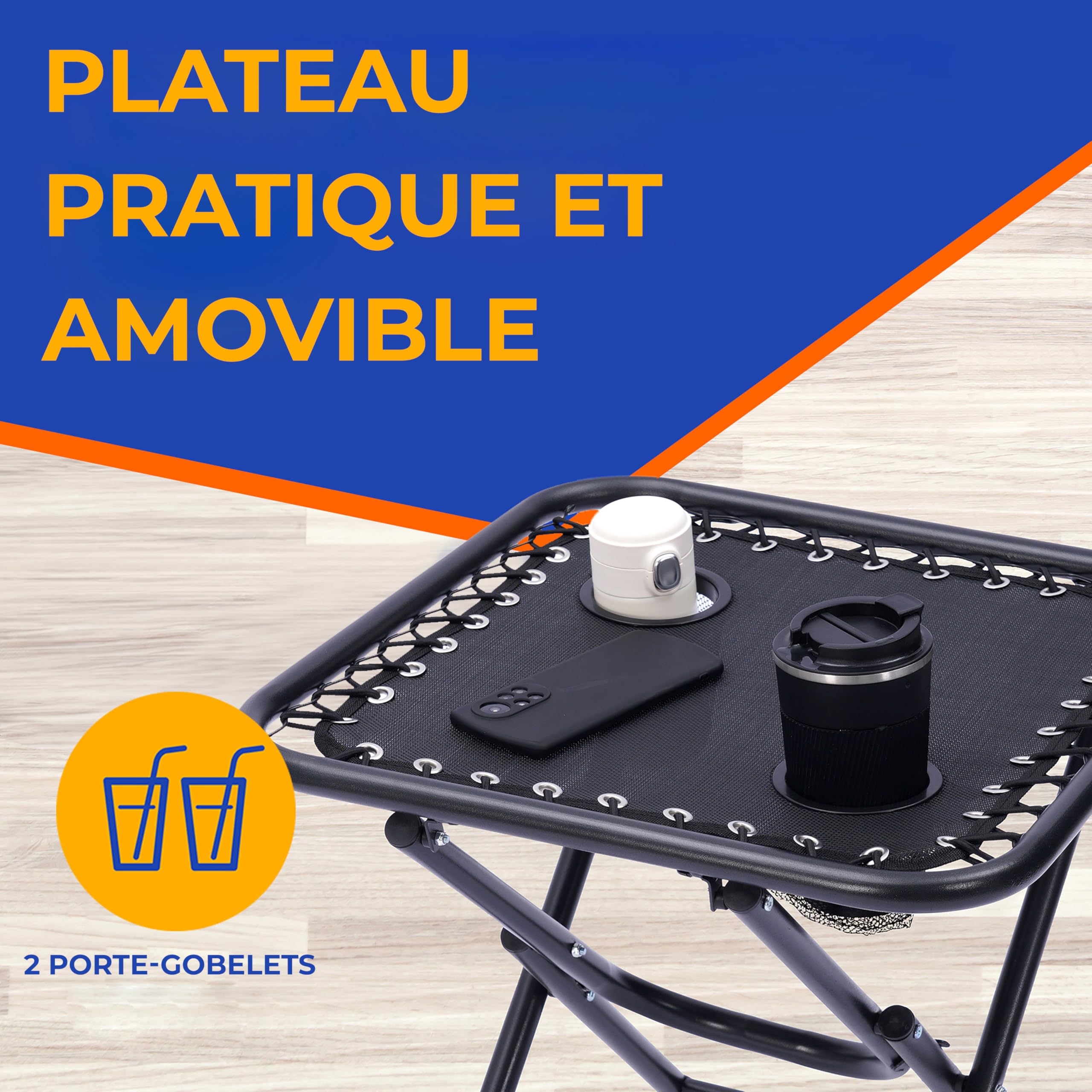 SereneLife Set de 2 Chaises Pliantes - Chaise Longue Réglable pour Extérieur avec Table Latérale, Porte-Gobelets, Oreillers Amovibles - Patio, Jardin, Plage - Noir