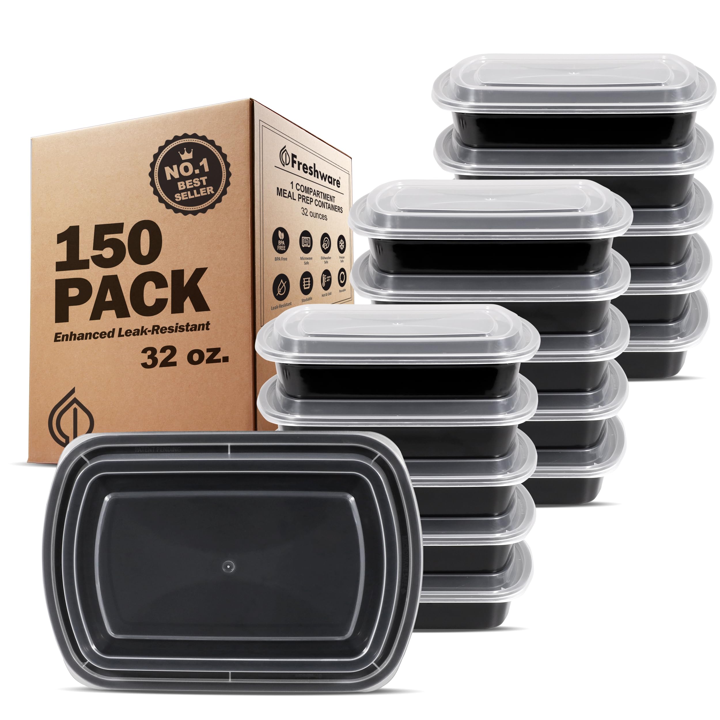 Freshware Bento Box Contenedor de preparación de comidas, 32, 1 compartimento, paquete de 150, 32 onzas