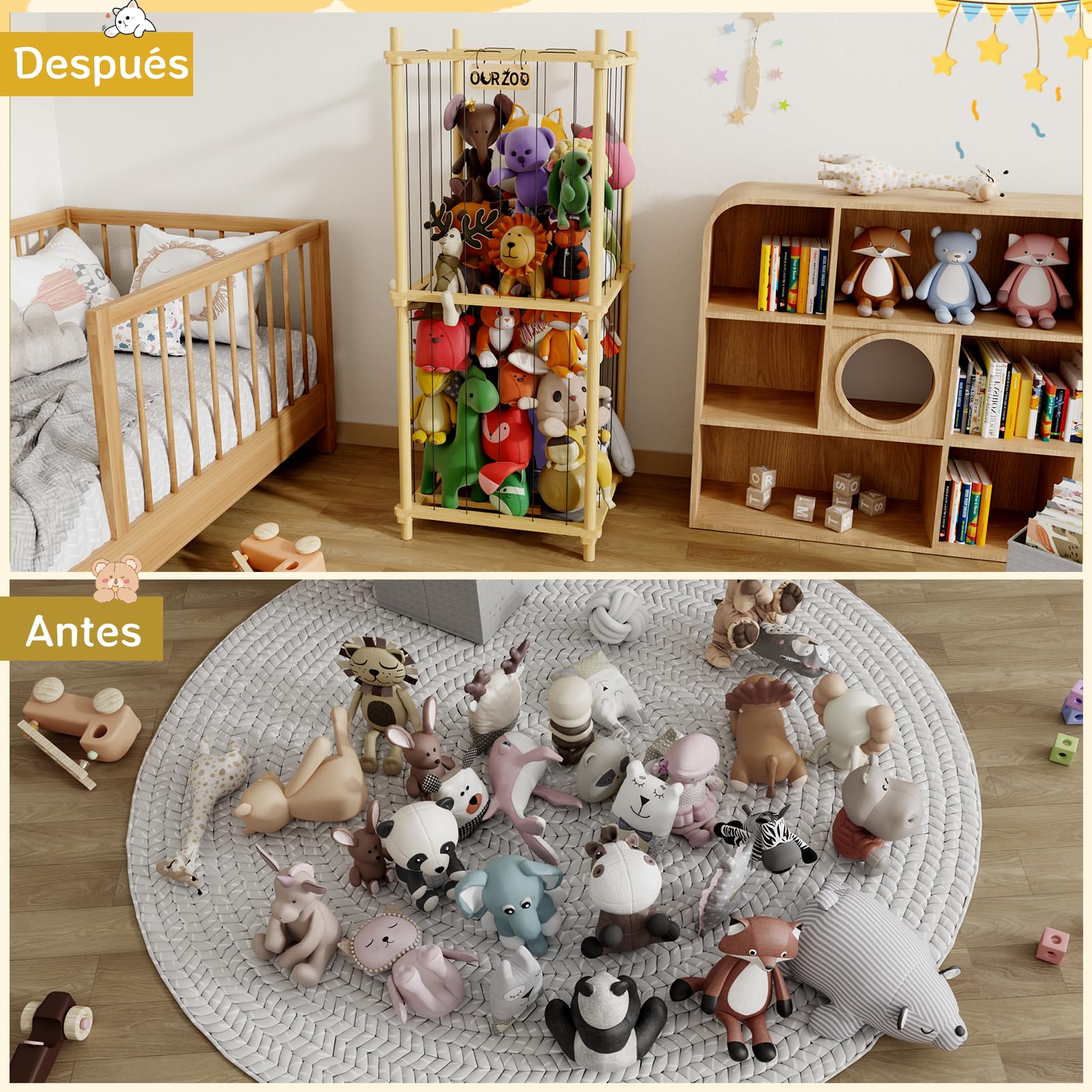 Organizador Peluches Madera, Almacenaje Guardar Juguetes Estanteria Infantil Montessori, Mueble Juguetes Organizador Peluche Animales para Sala de Juegos, Dormitorio, Habitación de Los Niños
