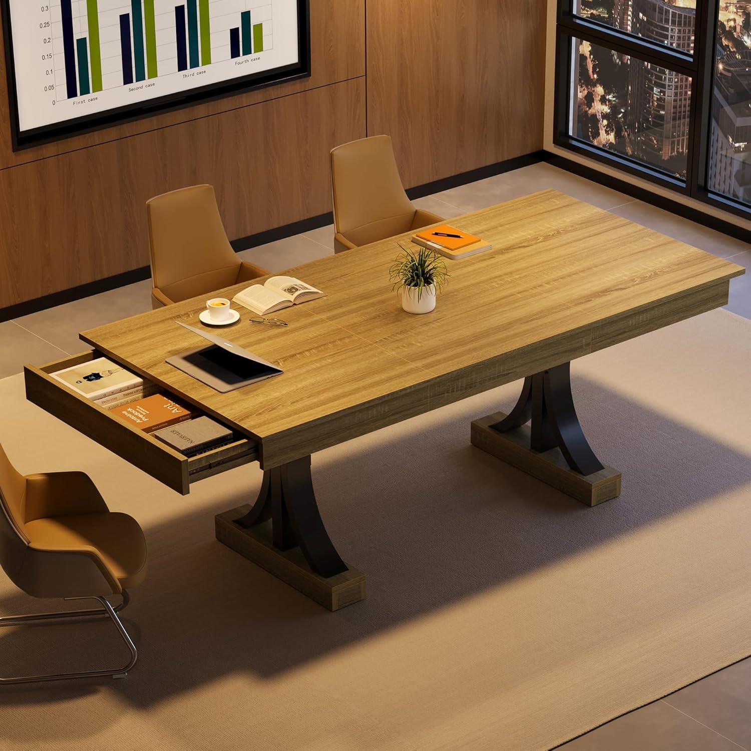 GarveeHome Dining Table for 6-8 with 2 Drawers,71-Inch Industrial Dining Table with Large Tabletop & Sturdy Frame, Rectangular Wooden Kitchen Table with Double Pedestal, for Dinner， Natural