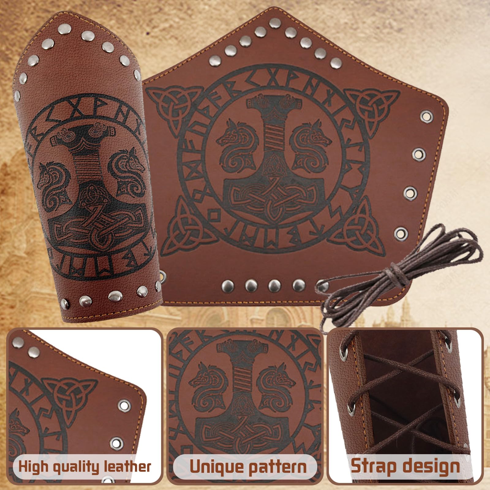 LUKIUP Brassards en Cuir Viking, Protège-bras médiévaux en cuir synthétique pour adultes, Protège-poignets en cuir gaufré, Pour LARP/activités de jeu de rôle - Halloween