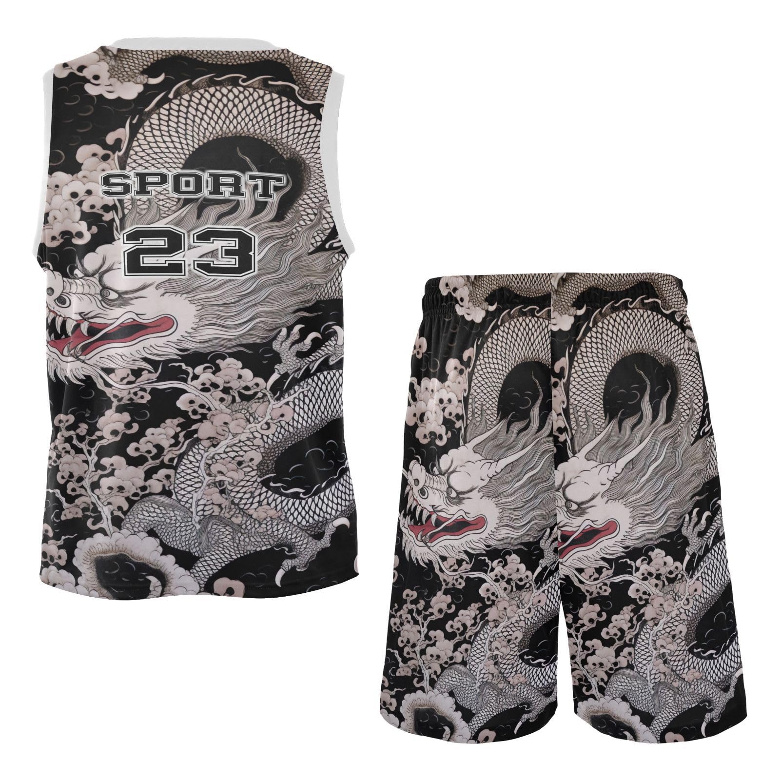 FLildon Chinese Dragon Boys Basketball Jersey Set Tank Top Shorts Tracksuit Sport Training Suit for Kids, XXL