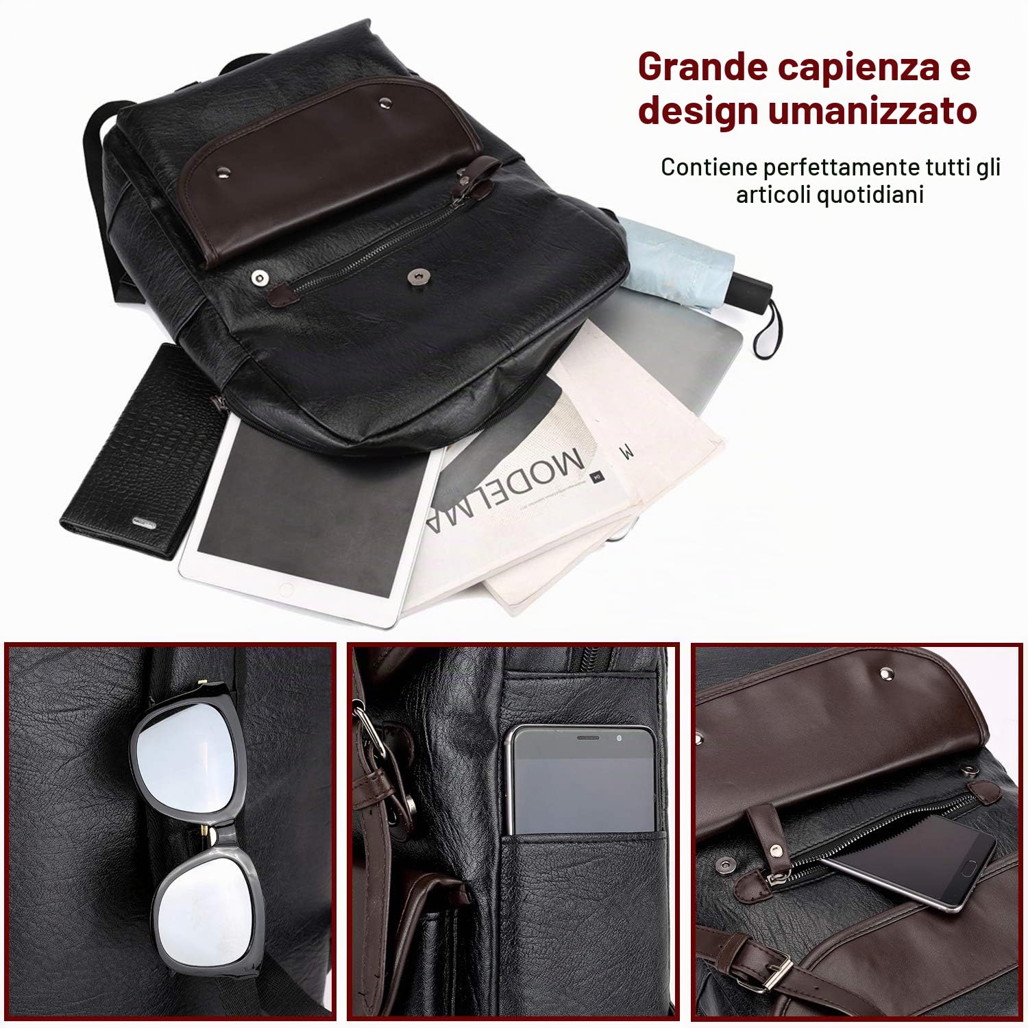 FANDARE Uomo Donna Zaino PU Zainetto per 14 Pollici PC Impermeabile Borsa da scuola Ragazzo Borsetta Universitaria Zaino per Computer Portatile Lavoro per Scuola Viaggio Daypack Nero