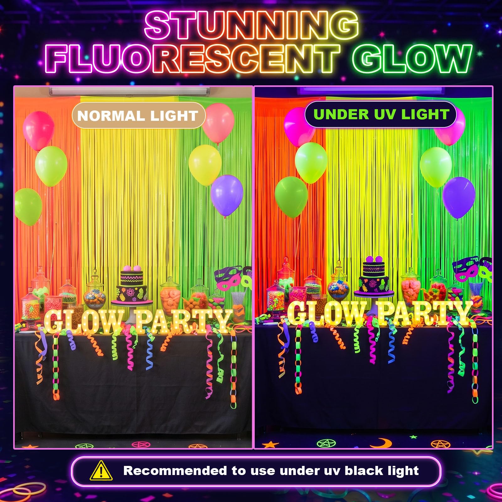LovesTown 3 Pack Neon-Themed Fringe Curtains with 8 Balloons