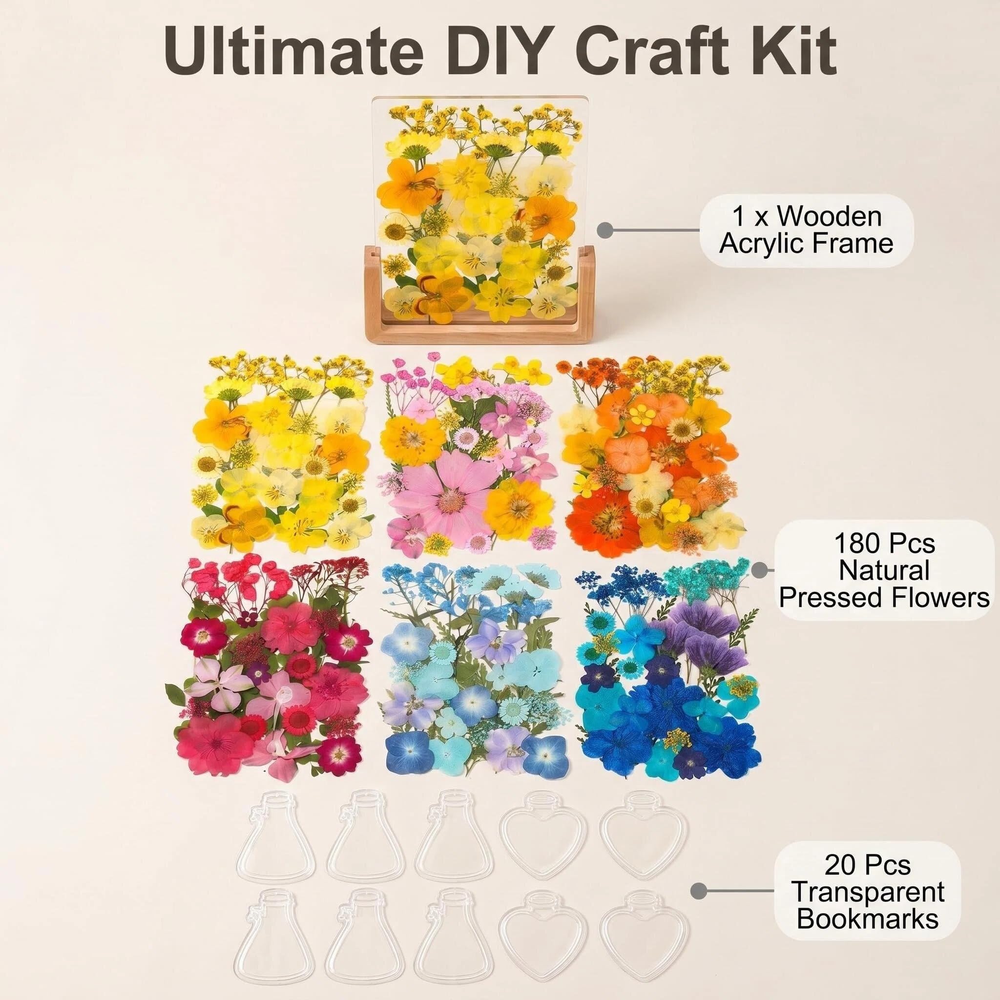 Kit de loisirs créatifs de fleurs séchées pressées, 180 feuilles de fleurs séchées à faire soi-même avec cadre en bois acrylique de 15,2 x 20,3 cm, 20 marque-pages pour art en résine, fabrication de