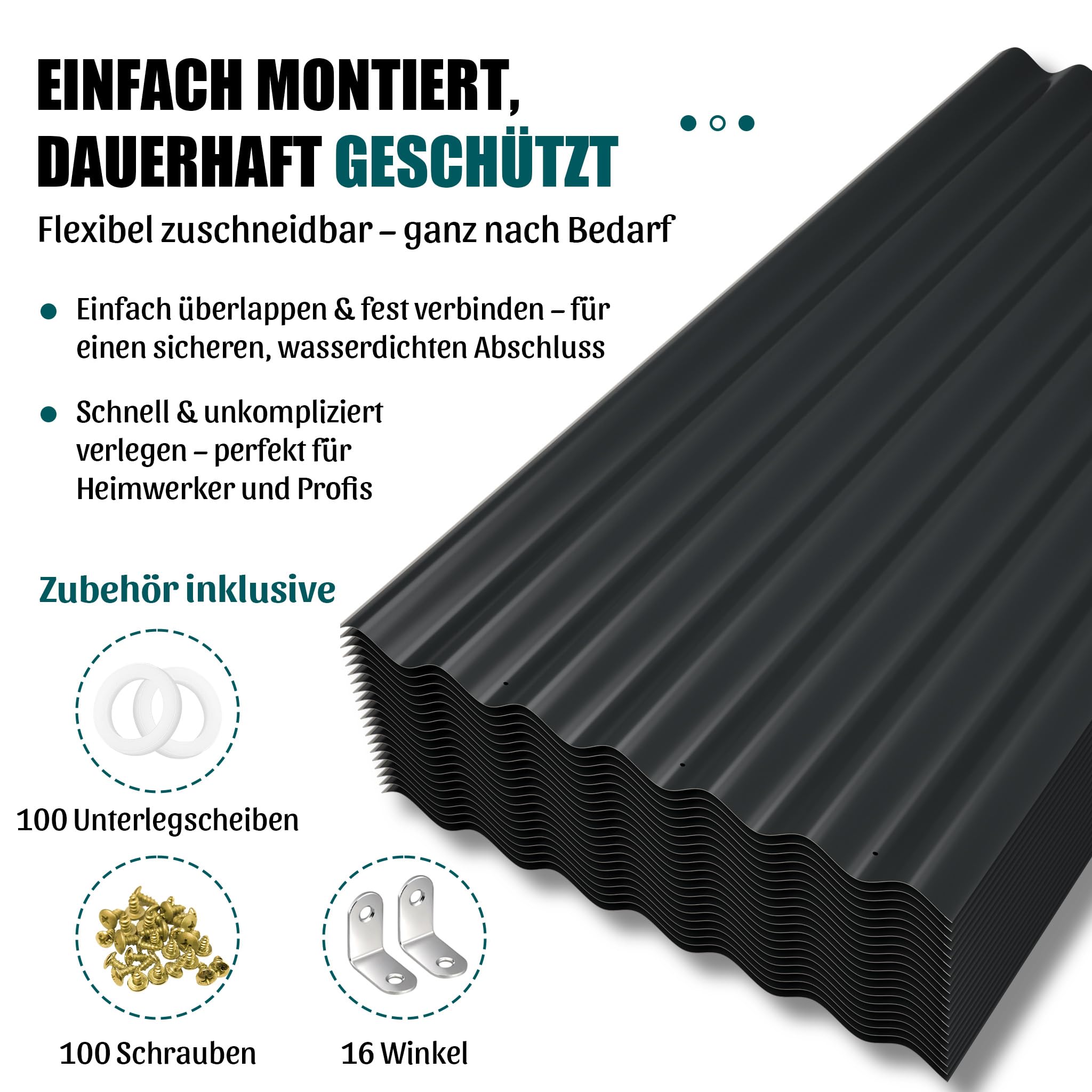 Thanaddo Wellplatten Metall Blech, 20er Set Wellplatte Dach Platten Stahlblechdachplatten mit Schrauben, wetterfest UV beständig Welldach, 52 x 108 cm - 20 Stk.（Schwarz)