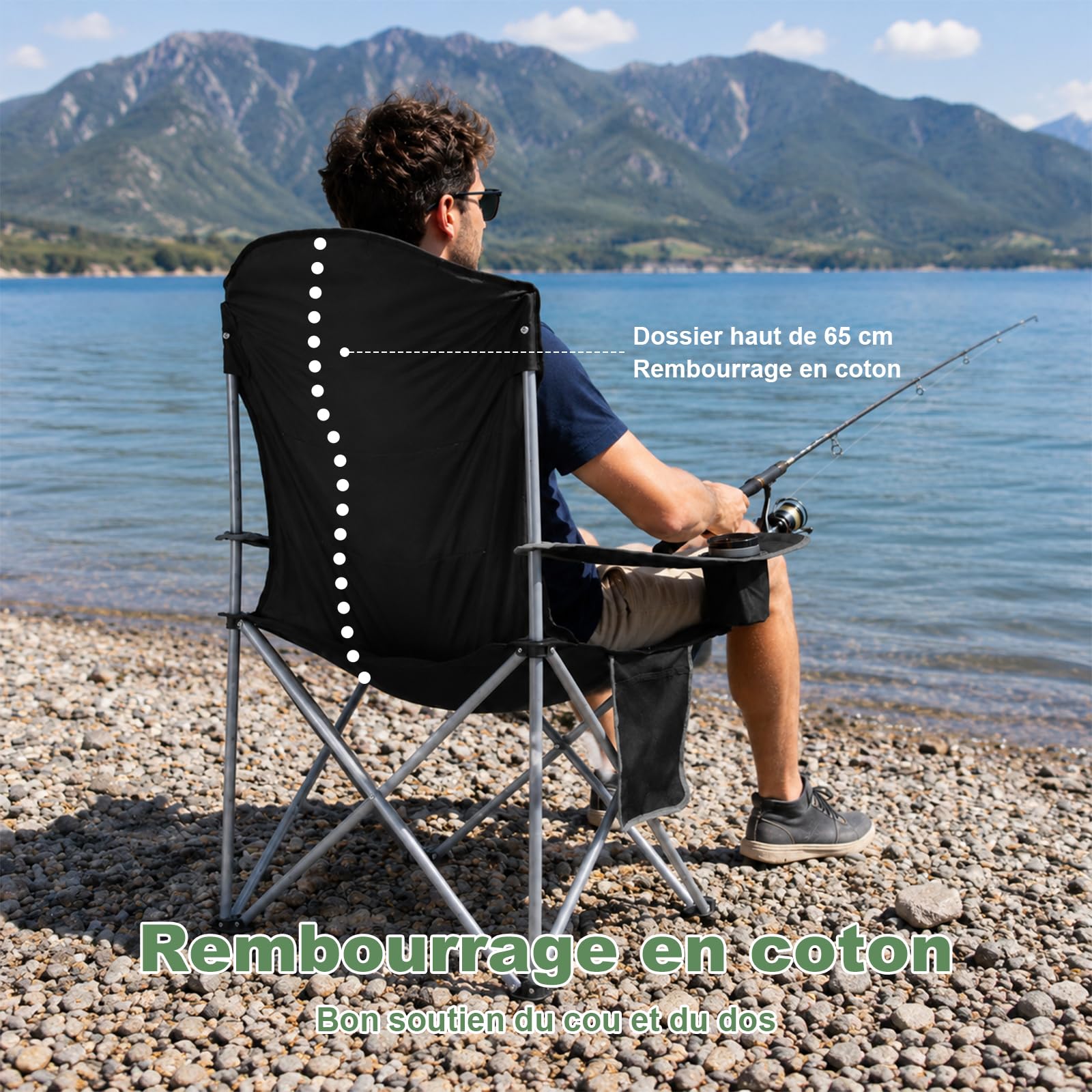 Chaise de Camping Pliable, capacité de Charge 160kg, Dossier Haut, Assise Large, rembourrée de Coton, Chaise de Camping XXL Confortable pour Camping, Festivals, Plage, Jardin et Balcon