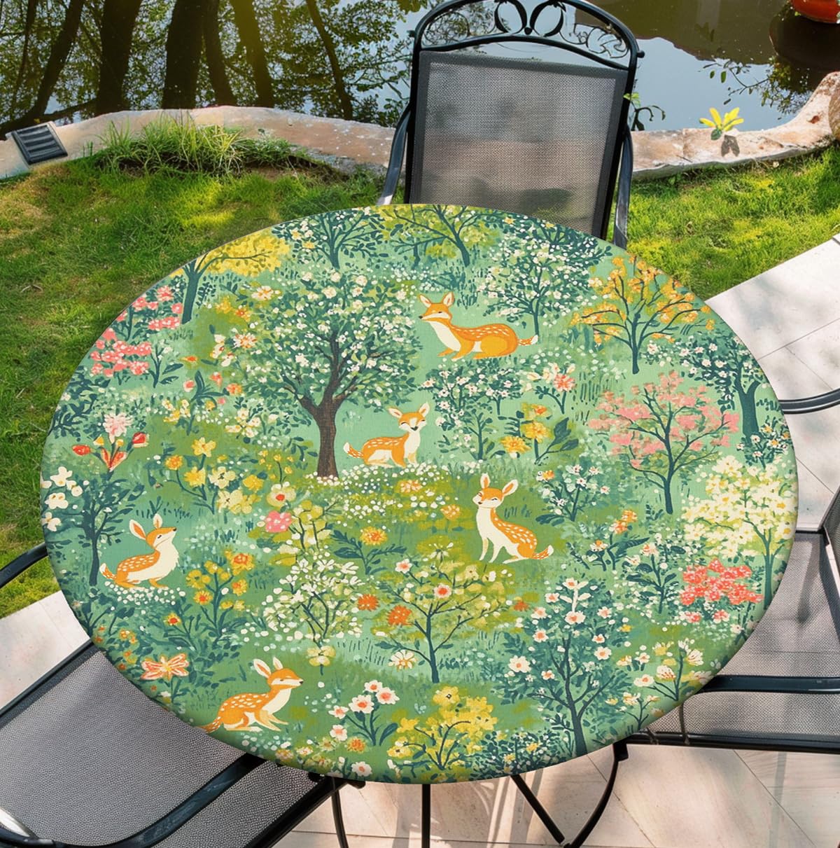 Yesad Waterproof Tablecloth with Elastic Tablecloth for Round Tables 36"-70" for Indoor Outdoor Patio Use, 52Inch, Deer