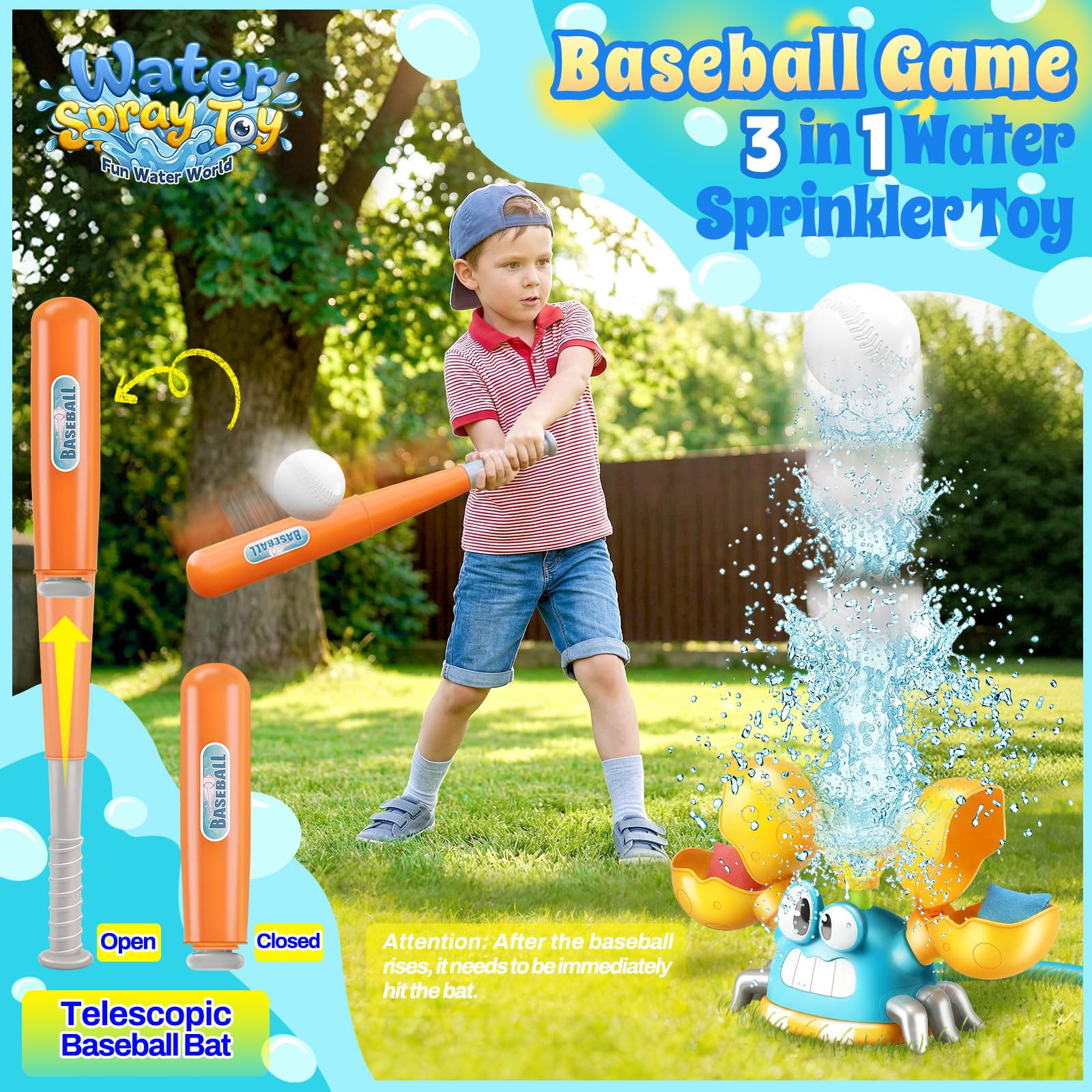 Jouet 3 en 1 pour enfants crabe arroseur, jeu de baseball avec lancer de sacs sable arroseur d'extérieur avec buses rotatives fixe au tuyau d'arrosage pour l'été dans jardin garçon ou fille 3-12 ans