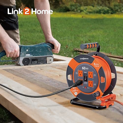 Miniatura 7 de Link2Home Carrete de cable de extensión de 60 pies, 4 tomas de corriente, cable SJTW de 14 AWG, cable de alimentación resistente de alta visibilidad.