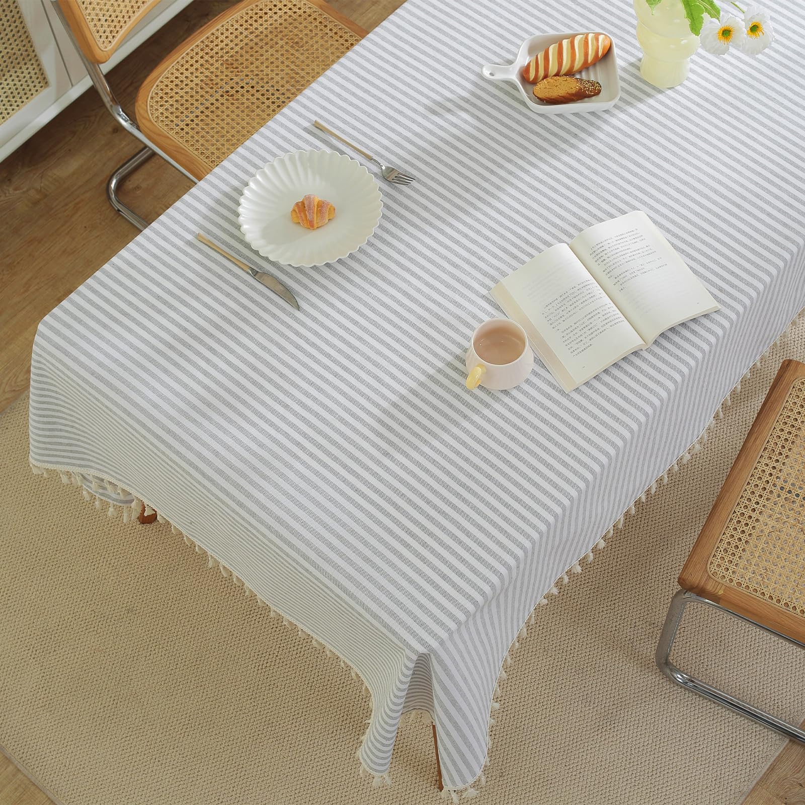 meioro Tablecloths Striped Tassel Table Cloth Rectangular Tablecloth Cotton Linen Table Cover Suitable for Home Kitchen Decoration (Grey/White Stripes - Image 4
