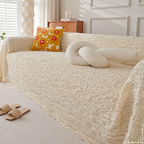 Fundas de sofá beige para sofá de 3 cojines, protector de muebles de sirsaca suave de sirsaca de color liso, 71 pulgadas de ancho x 134 pulgadas de