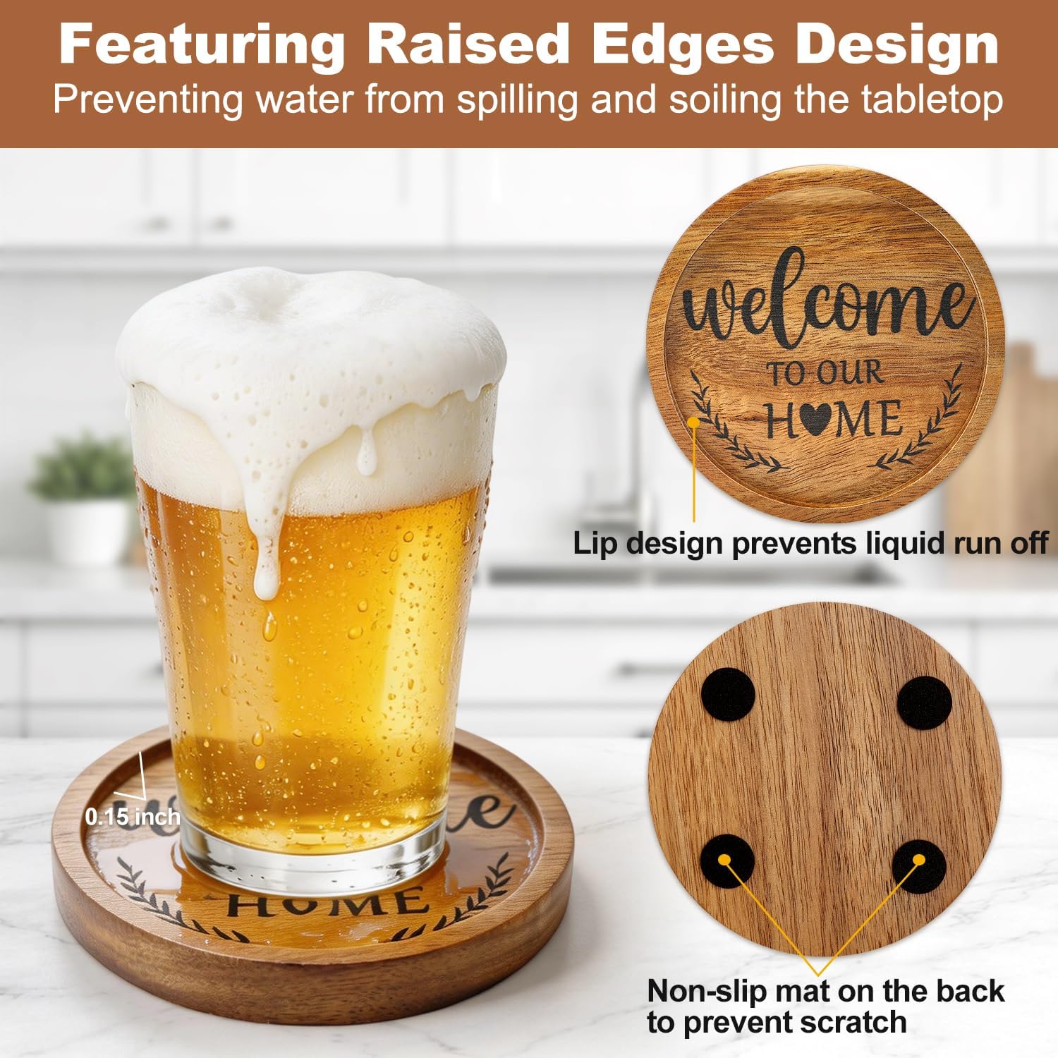 Best House Warming Gifts Acacia Wooden Coasters for Drinks Coffee Table Coaster Set of 6 Pack Farmhouse Decorations Family New Home Housewarming Decor Cute Cup Wood Coasters with Holder