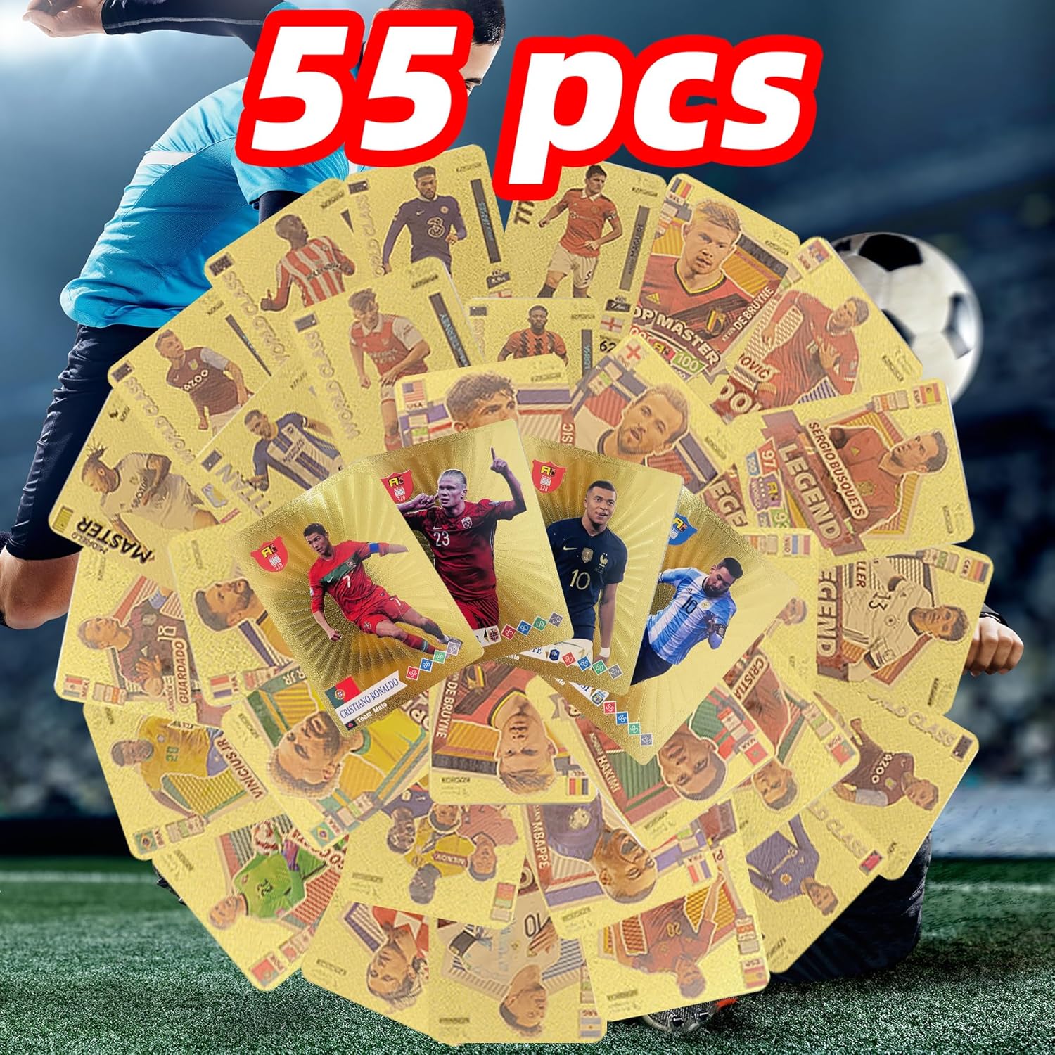 55PCS World Cup Soccer Cards, 2024-2025 Europa League Soccer Trading Cards Set, Shimmering Gold Collectible Football Cards Gift for Kids, Fans ansd Adult, Not Original (Gold)