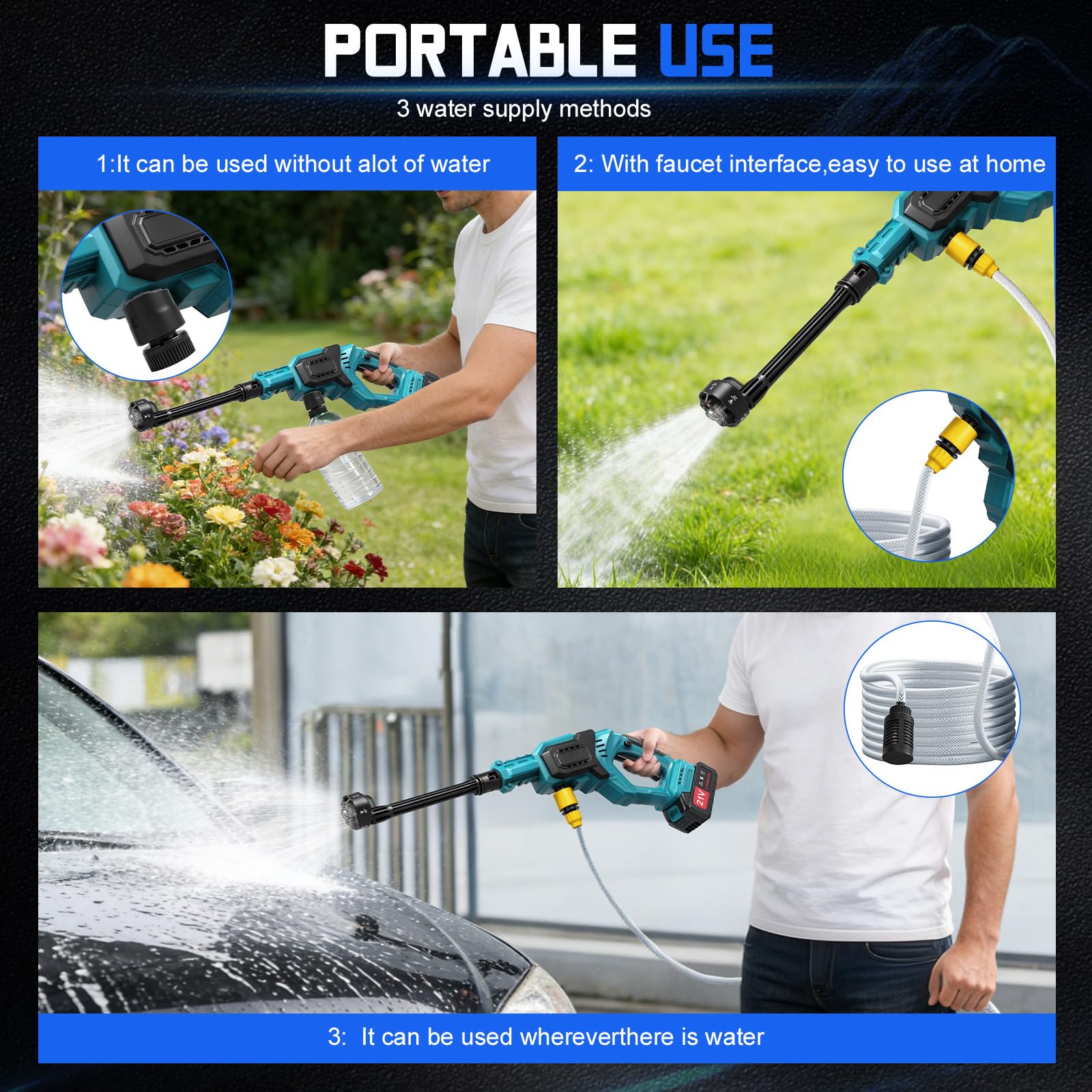 Hidrolimpiadora Bateria, Hidrolimpiadora de Bateria con 2×40000 mAh Baterías, Boquilla 6 en 1 y Manguera 5m, Portátil Pistola de Agua a Presión para Limpiar Coche, Terraza, Jardín