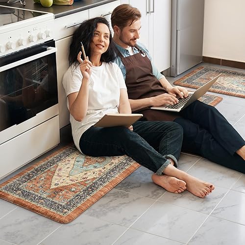 Vista 396 de KIMODE - Juego de 2 tapetes de cocina bohemios, antifatiga, antideslizantes, impermeables, ergonómicos, acolchados, cómodos, para lavandería, Caqui