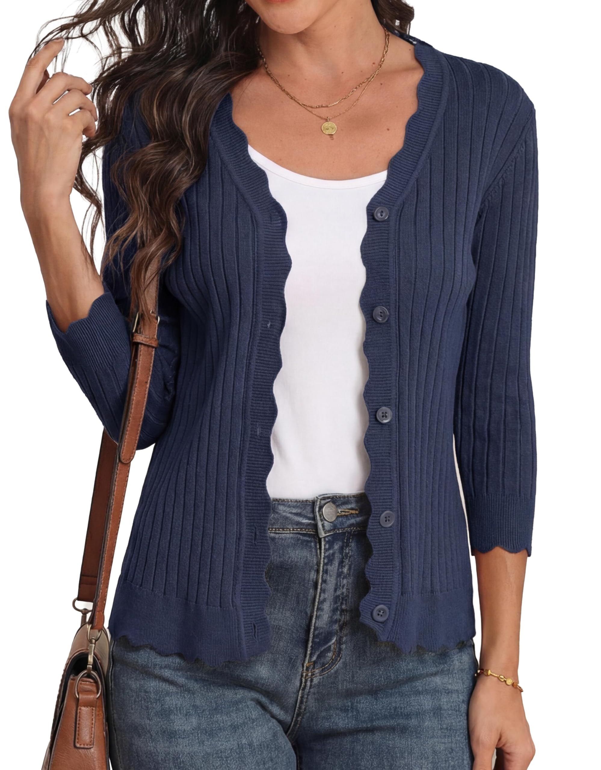 GRECERELLE Damen Cardigan mit 3/4 Arm, Elegante Strickjacke mit Wellensaum, V-Ausschnitt Leichte Rippstrick-Jacke für Sommer und Übergangszeit