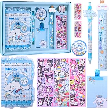 Cute Stationery Set, Kawaii Stationery School Supplies Includes Cartoon Notebook Pen Badge Stickers Ruler and Tapes, Christmas Stationery Birthday Gifts for Girls Boys Kids