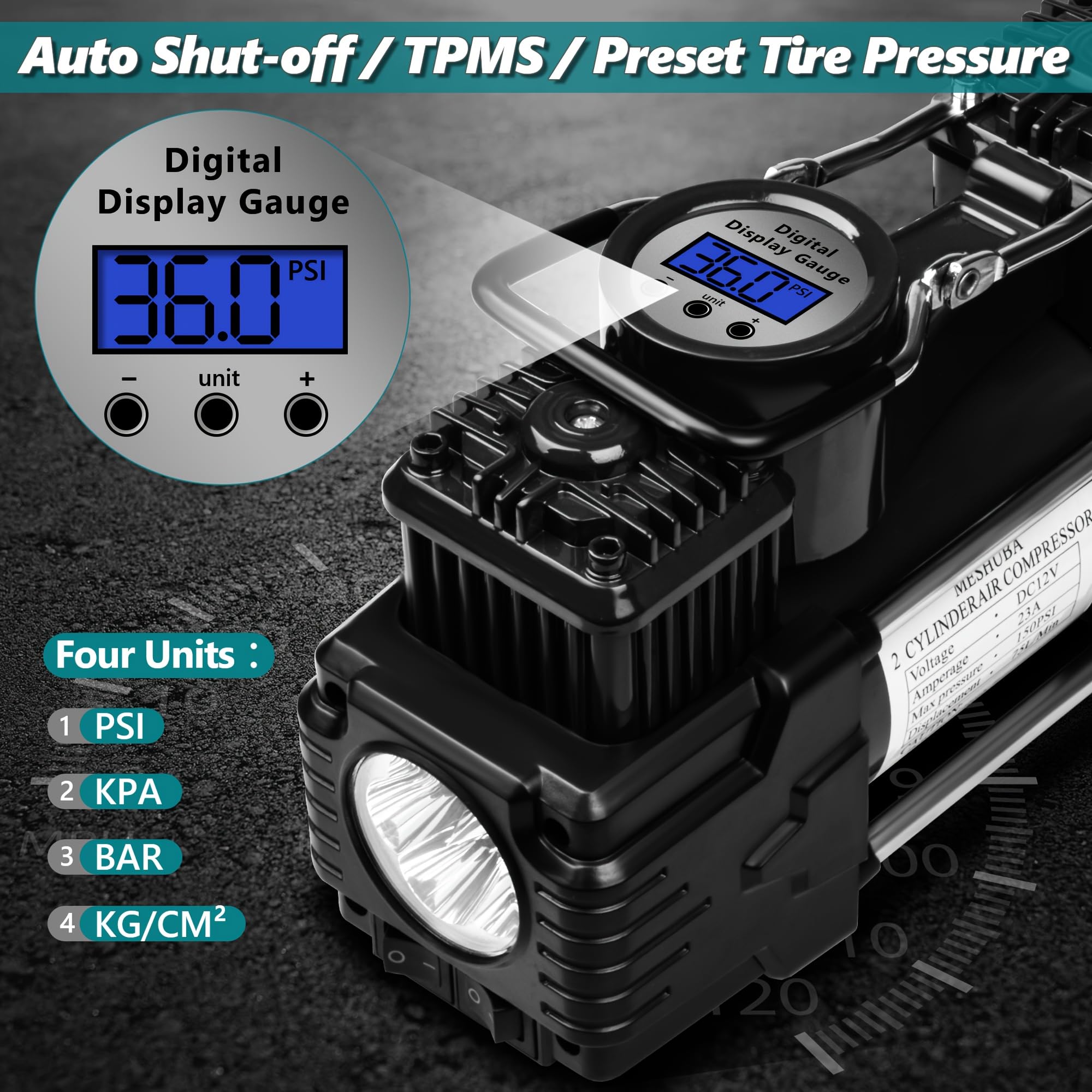 Compressore d'aria a doppio cilindro con kit di riparazione pneumatici e cassetta degli attrezzi, pompa ad aria portatile con display digitale, luce LED, spegnimento automatico, resistente