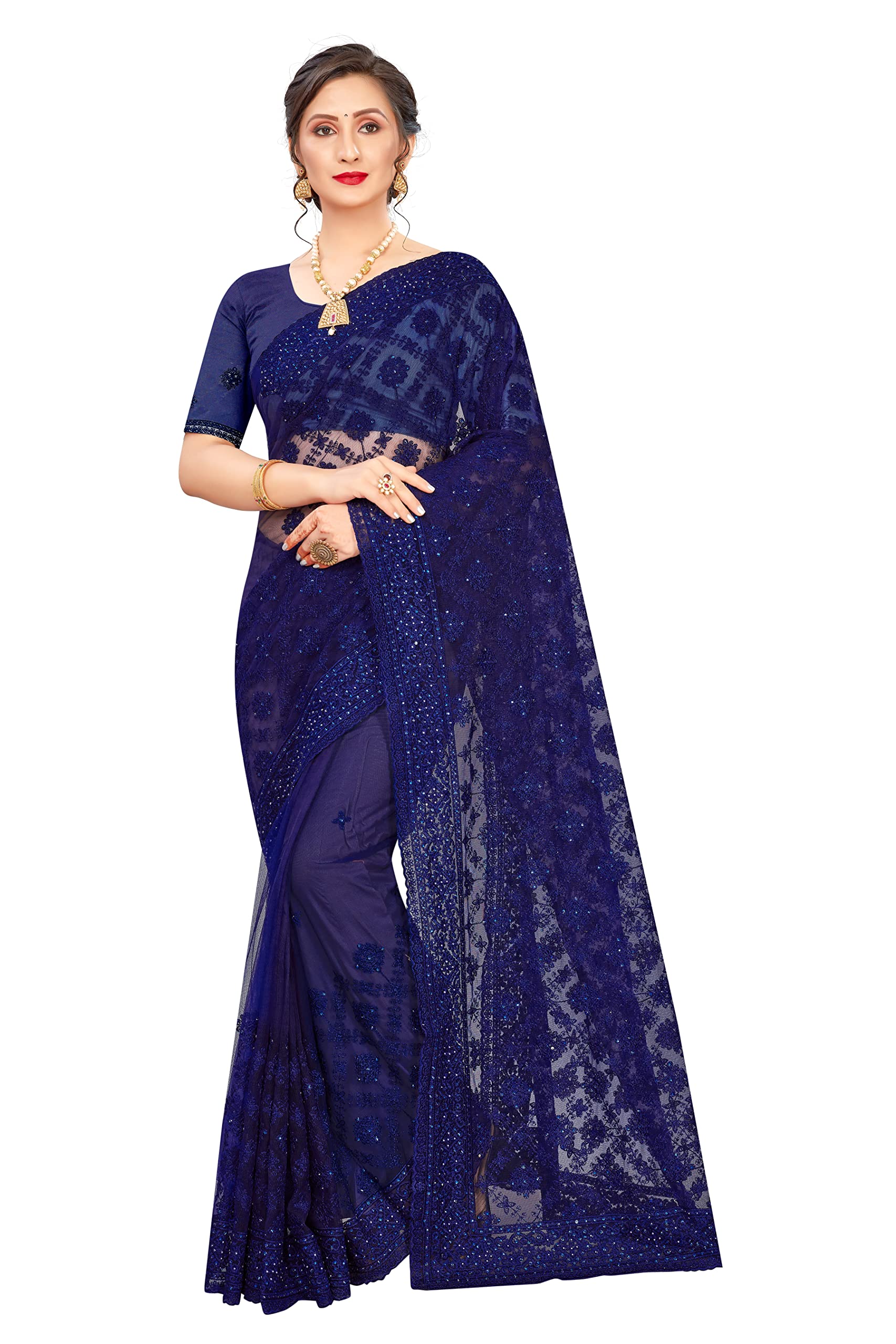 CRAFTSTRIBE Olive Green Sari Resham And Zarkan Moti Stone Work Saree With Unstitched Blouse