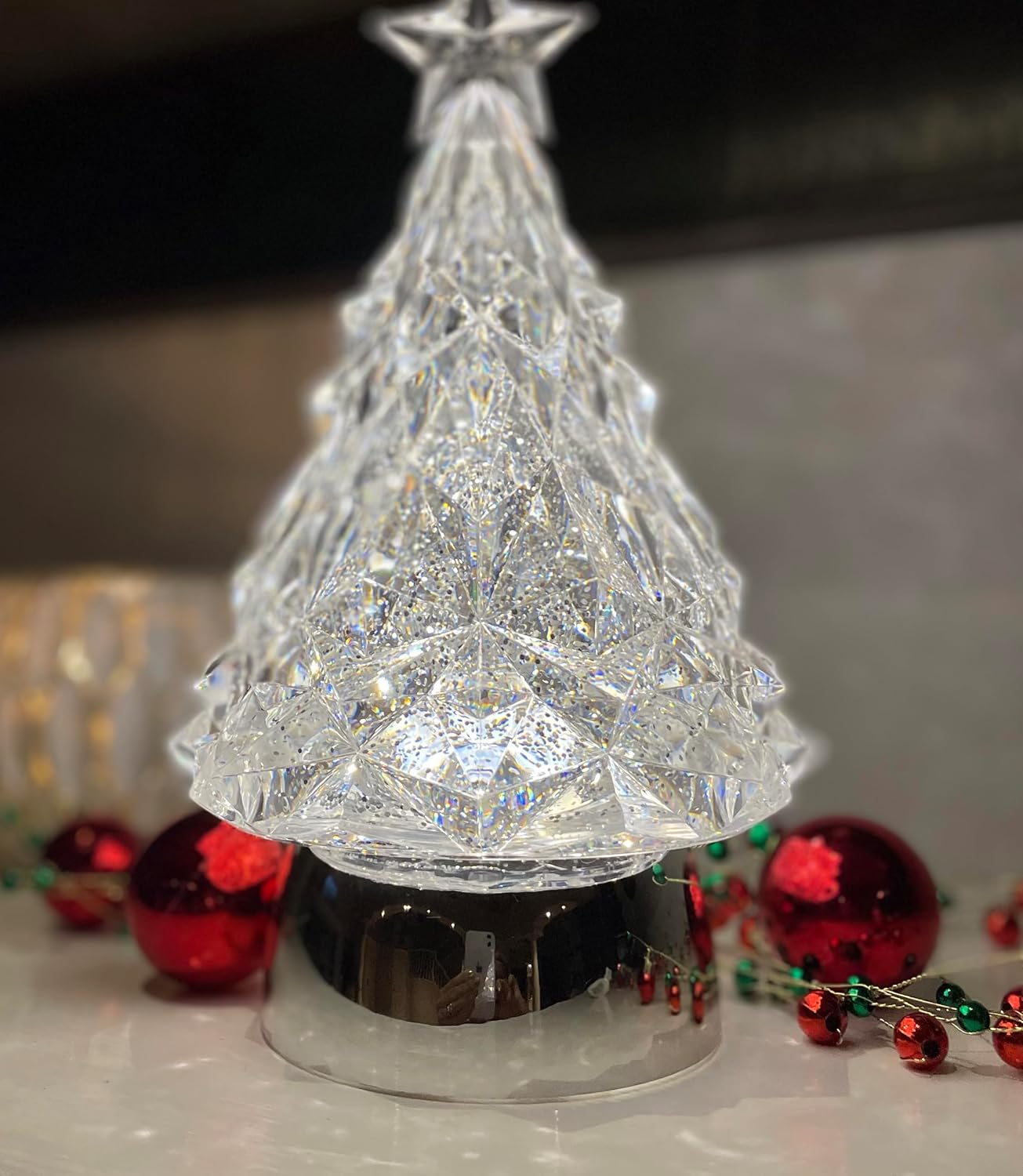 Christmas Tree Snow Globe Water Lantern in Faceted Crystal Look Acrylic - Swirling Glitter Snow and Star Topper, 9 Inches High x 5 Inches Wide, Battery Operated with Timer, USB Power Optional Cord