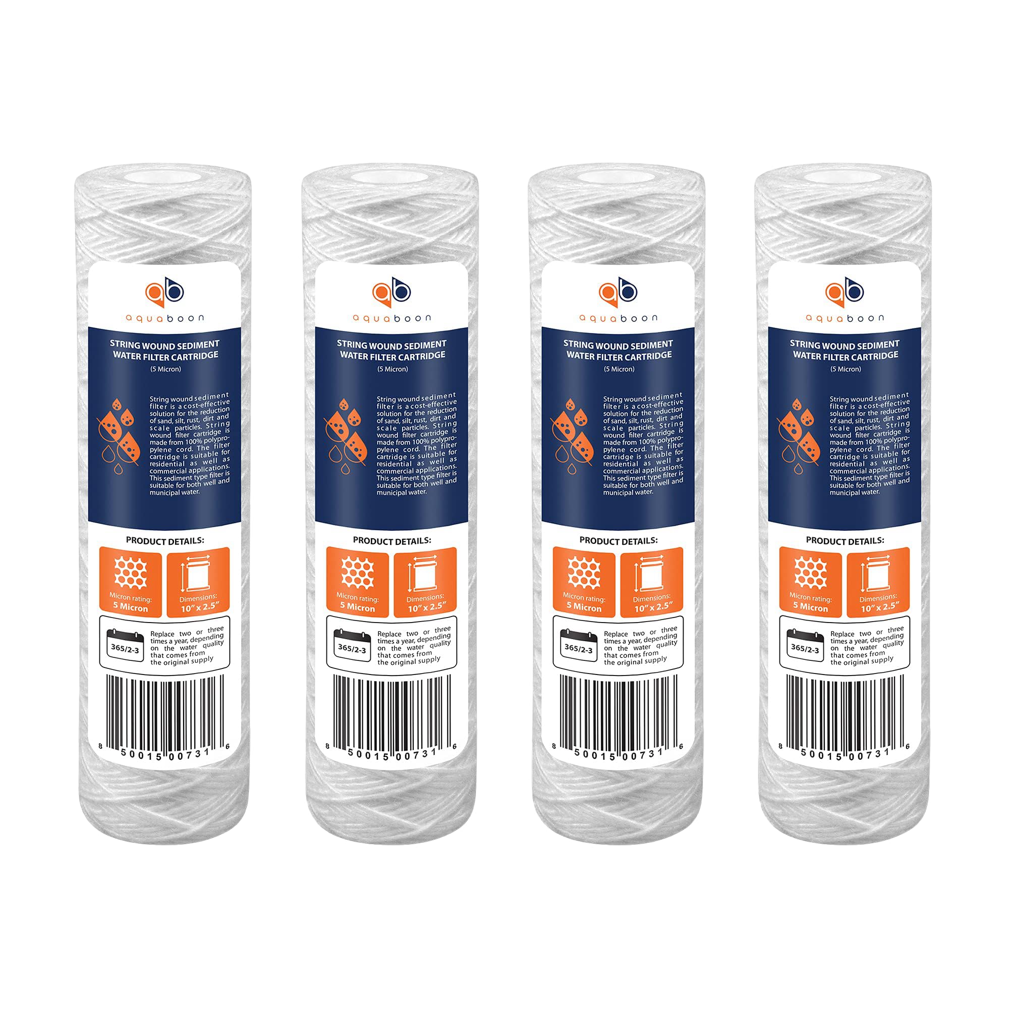Aquaboon Whole House 5 Micron 10 x 2.5 String Wound Sediment Water Filter Cartridge Replacement Compatible with Well Water Filter WHKF-WHSW, 4-Pack