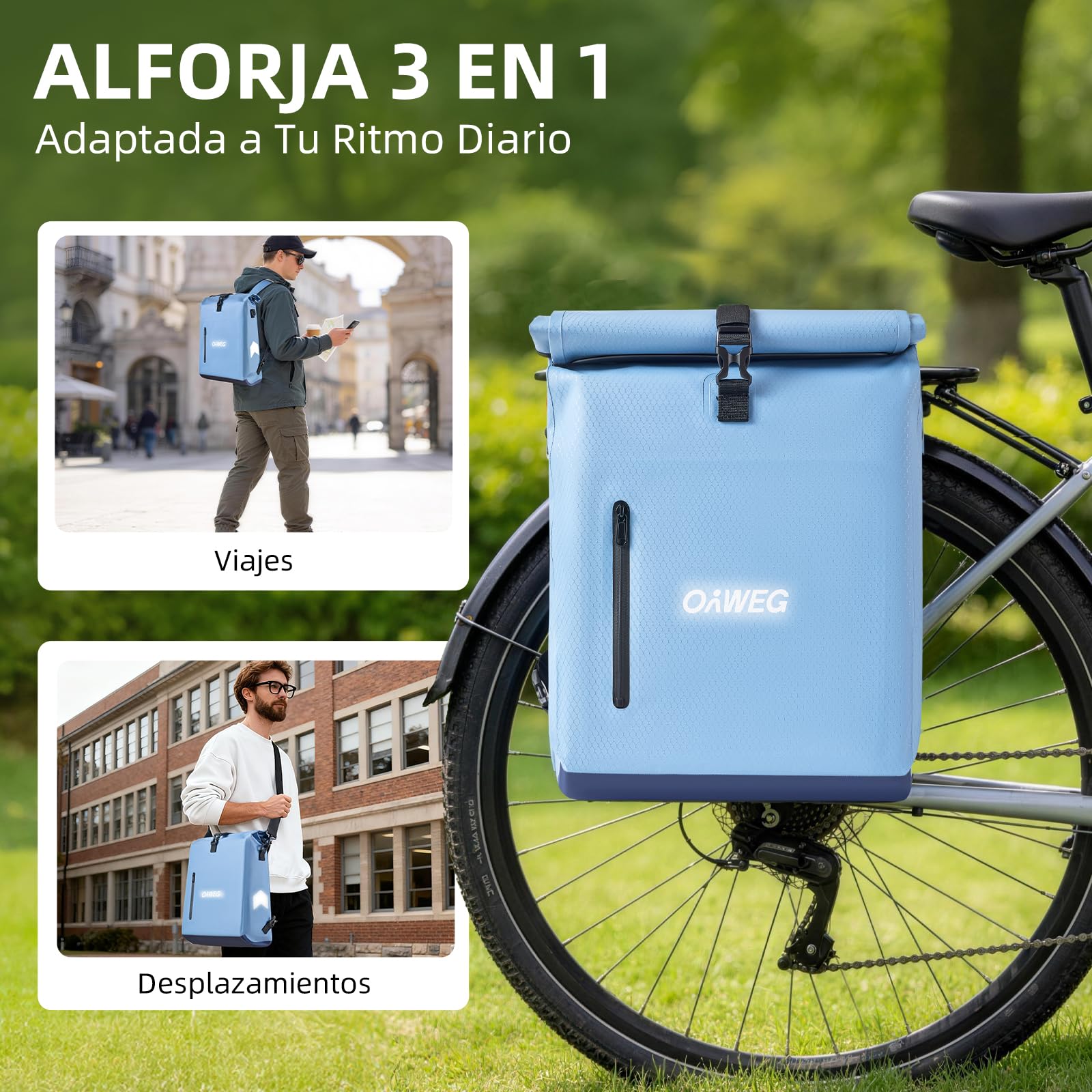 Alforjas Bicicleta Portaequipajes 3en1 20L – Mochila y Bandolera, Bolsa Impermeable con Compartimento para Portátil 16", Bolsa Trasera Reflectante para Trabajo, Desplazamientos y Viaje