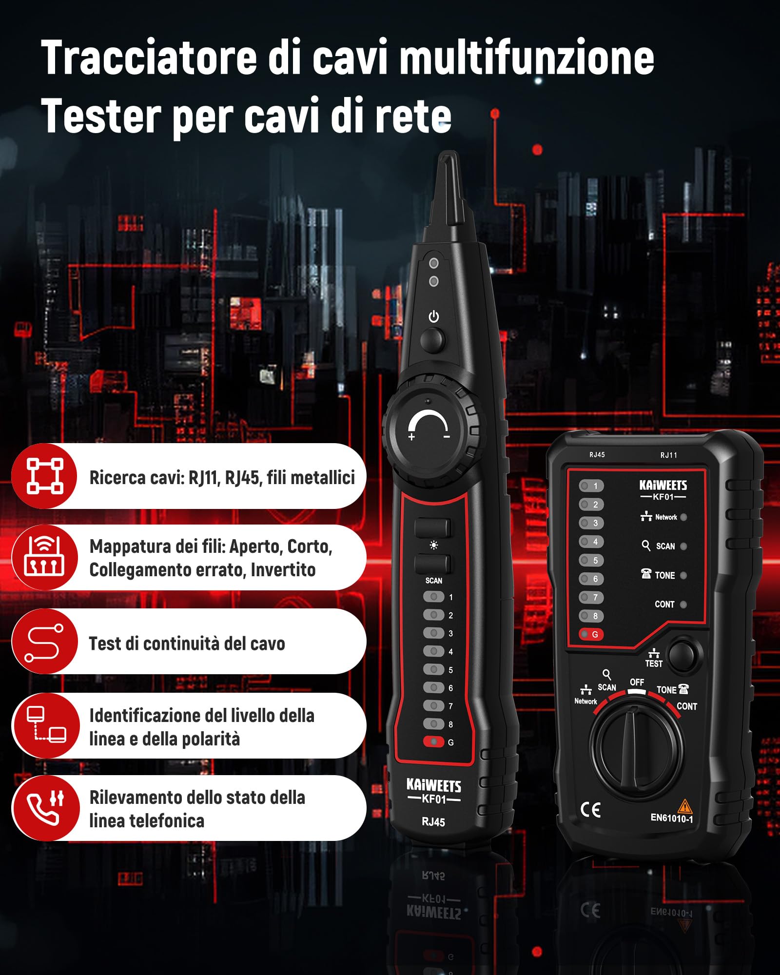 KAIWEETS tester rj45 – Tester per cavi RJ45 RJ11, linea telefonica e cavo LAN, per tracciamento, test di linea e continuità