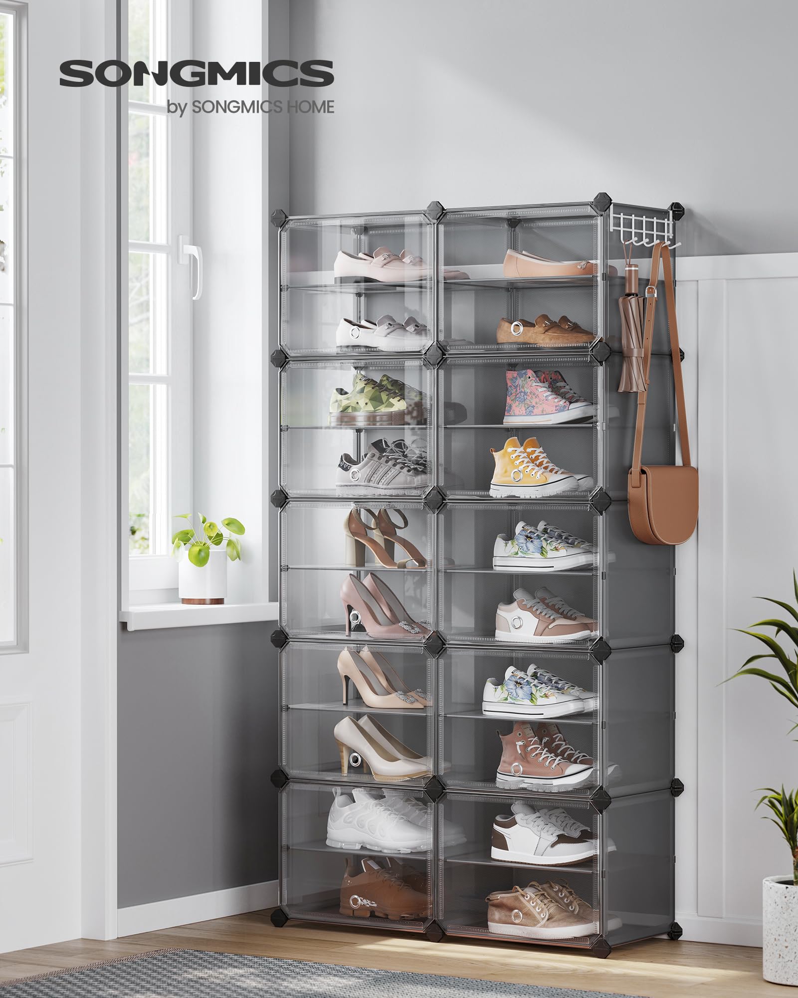 SONGMICS Scarpiera, Scaffale Modulare a 10 Scomparti per 40 Paia di Scarpe da Ingresso, con Sportelli, Telaio in Acciaio e Ripiani in Plastica, Camera da Letto, Grigio Ardesia e Trasparente LPC035G01 | 30 x 40 x 30 cm per scomparto, acciaio, plastica PP,