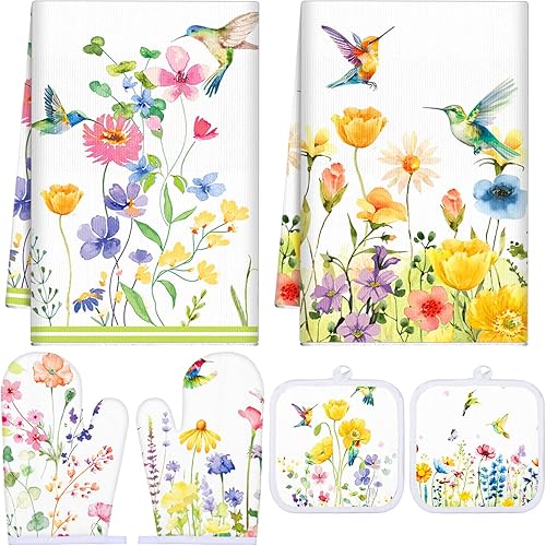 Manoplas de horno y soportes para ollas, juego de toallas de cocina con diseño de colibrí de primavera, toallas de cocina y paños de cocina para