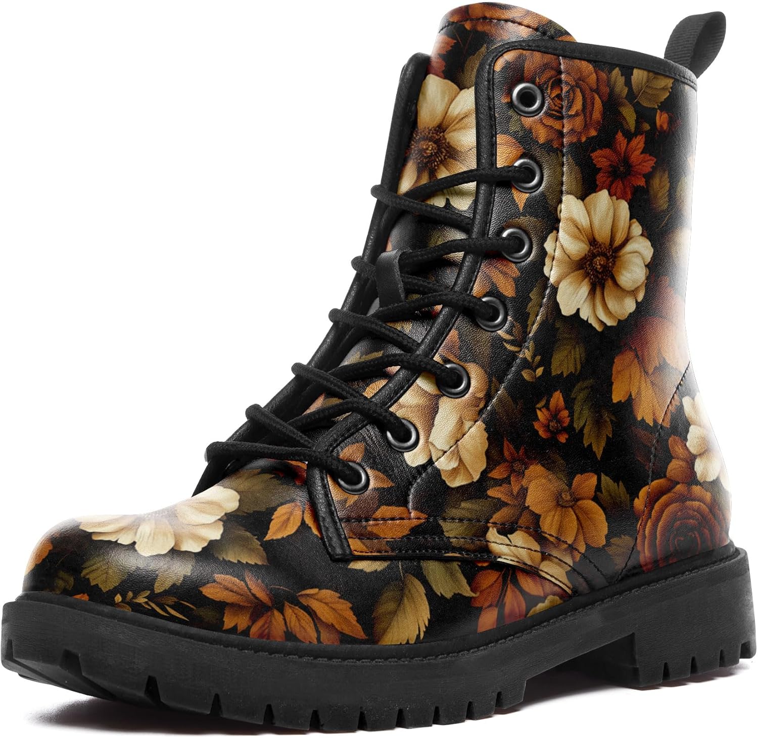 Retro Floral Combat Boots for Women, Comfortable Vintage Flower Print Lace-Up Ankle Boots Platform Booties