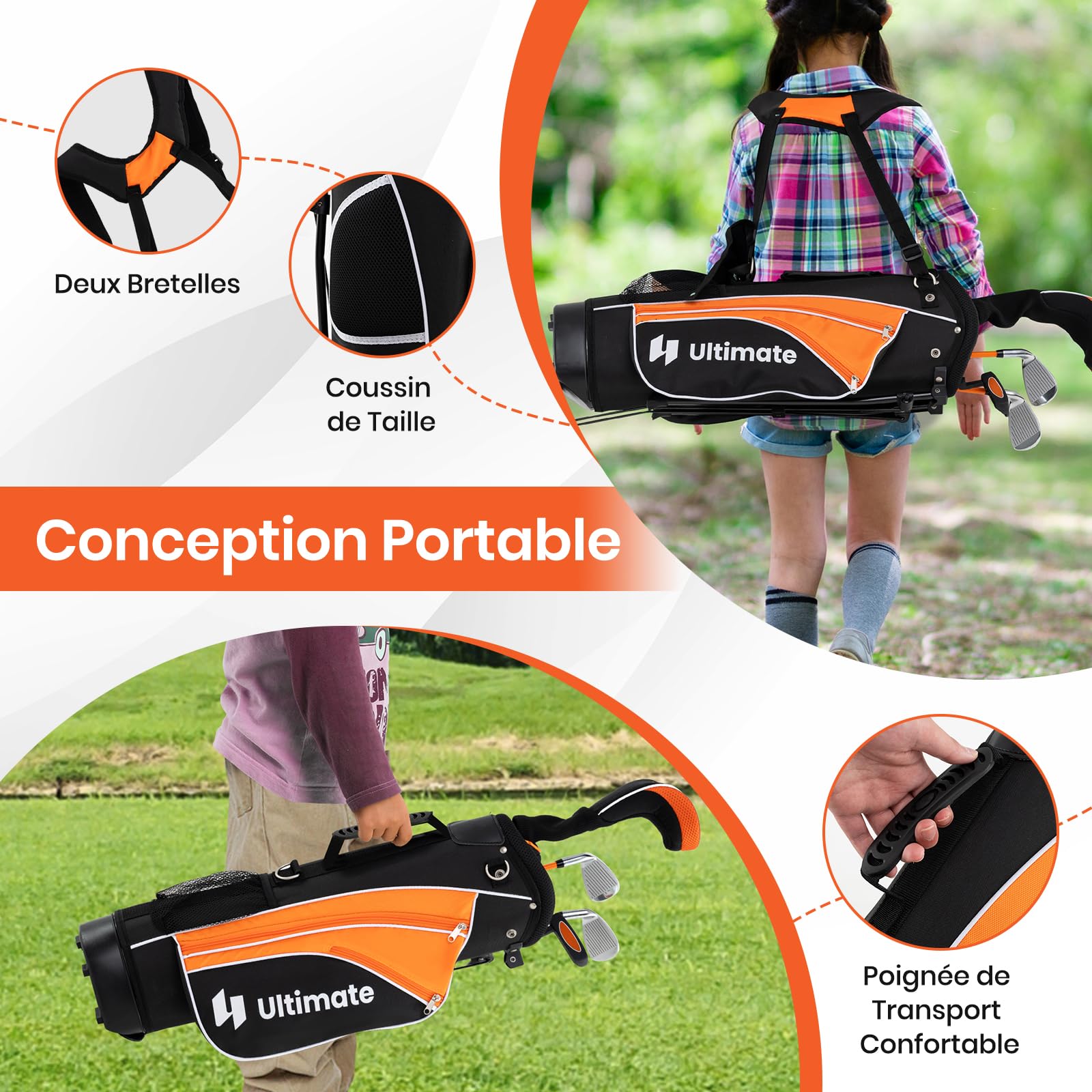 GYMAX Ensemble Complet de Clubs de Golf pour Enfants, #3 Fairway, #7 & #9 Fers, Putter, Sac de Golf Trépied Housse Protecteur de Pluie, Couvre-tête, pour Droitiers Juniors 8-10 Ans