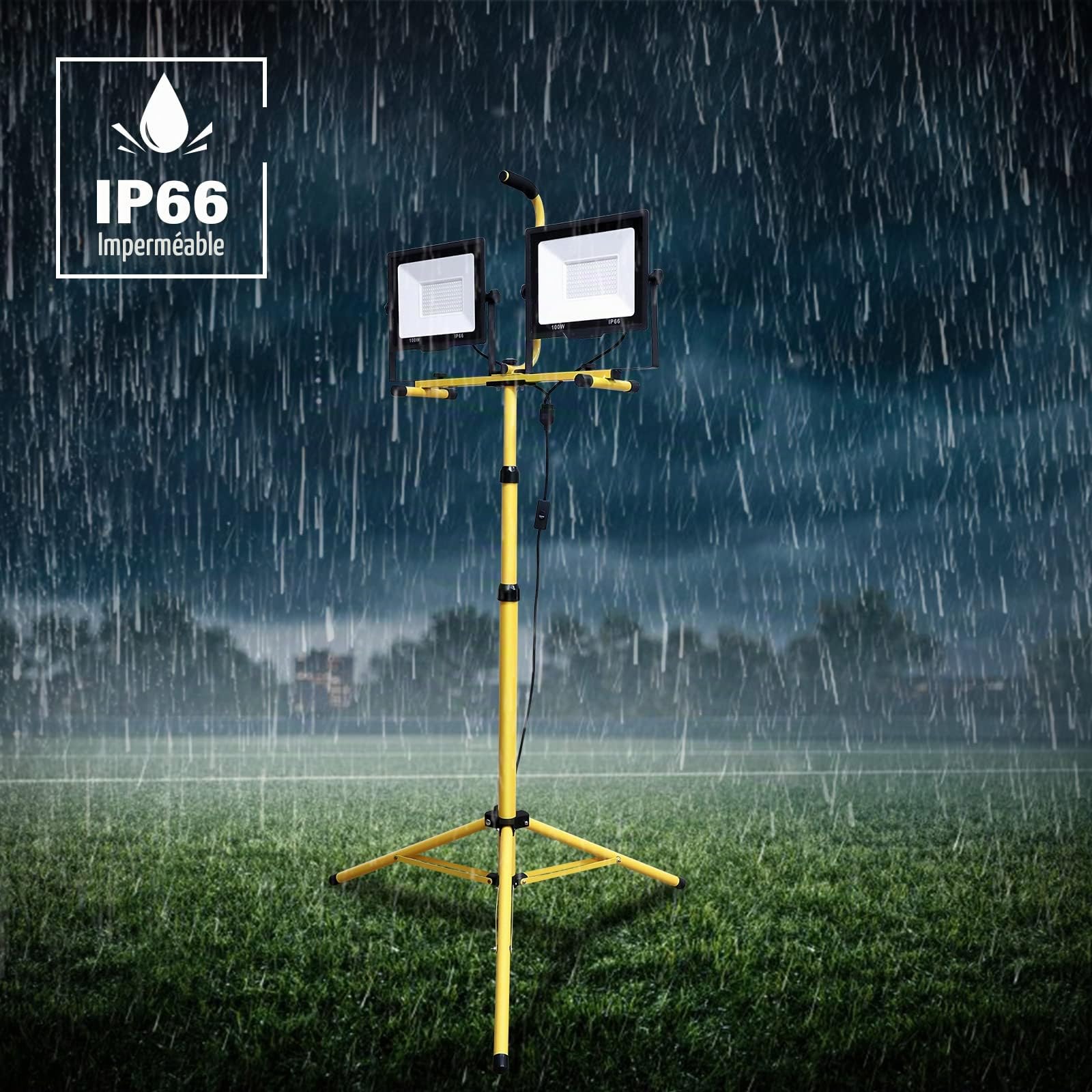 AUXTINGS 2 X 100W Projecteur LED blanc froid avec trépied Projecteur de travail à LED étanche IP66 pour usage intérieur et extérieur, garage, jardin, chantier, 185V-260V