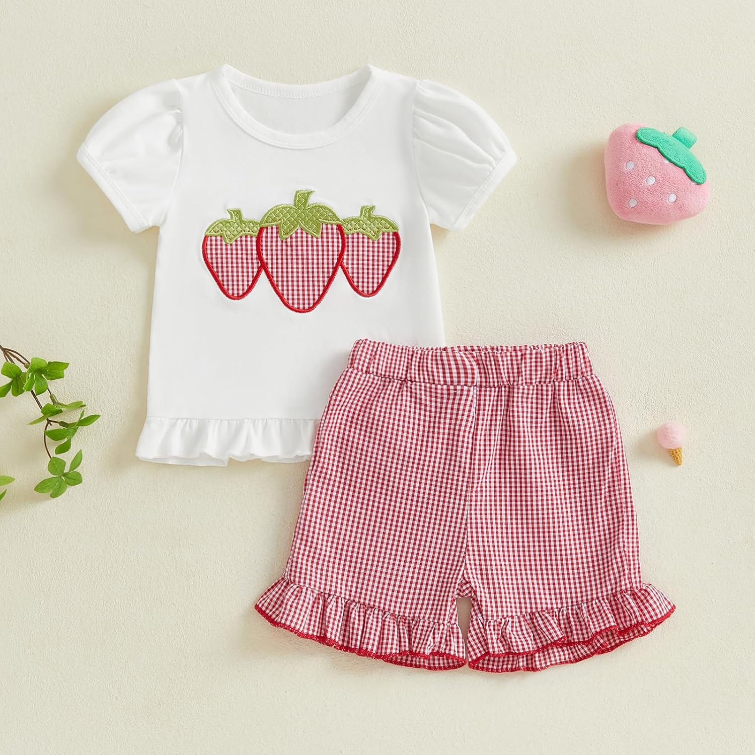 fhutpw Toddler Baby Girls Summer Clothes Smocked Short Sleeve T-Shirt Tops Ruffled Plaid Short Sets Cute Outfits 2Pcs - Image 2