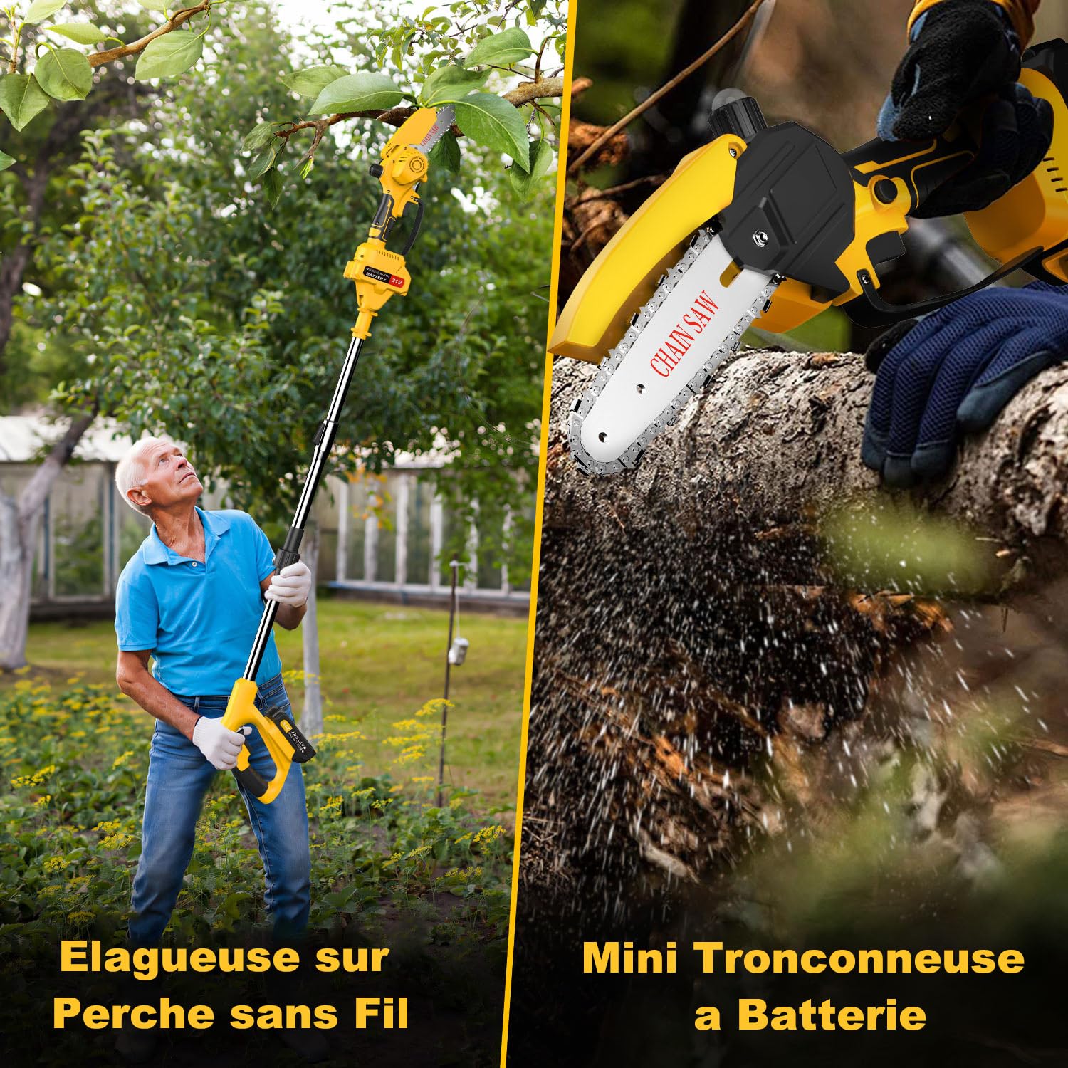 2 EN 1 Tronçonneuse à Batterie Télescopique & Elagueuse sur Perche sans Fil Mini Tronconneuse avec 2 Batteries Coupe Branche Electrique avec Système de Lubrification Tête Pivotante pour Jardin