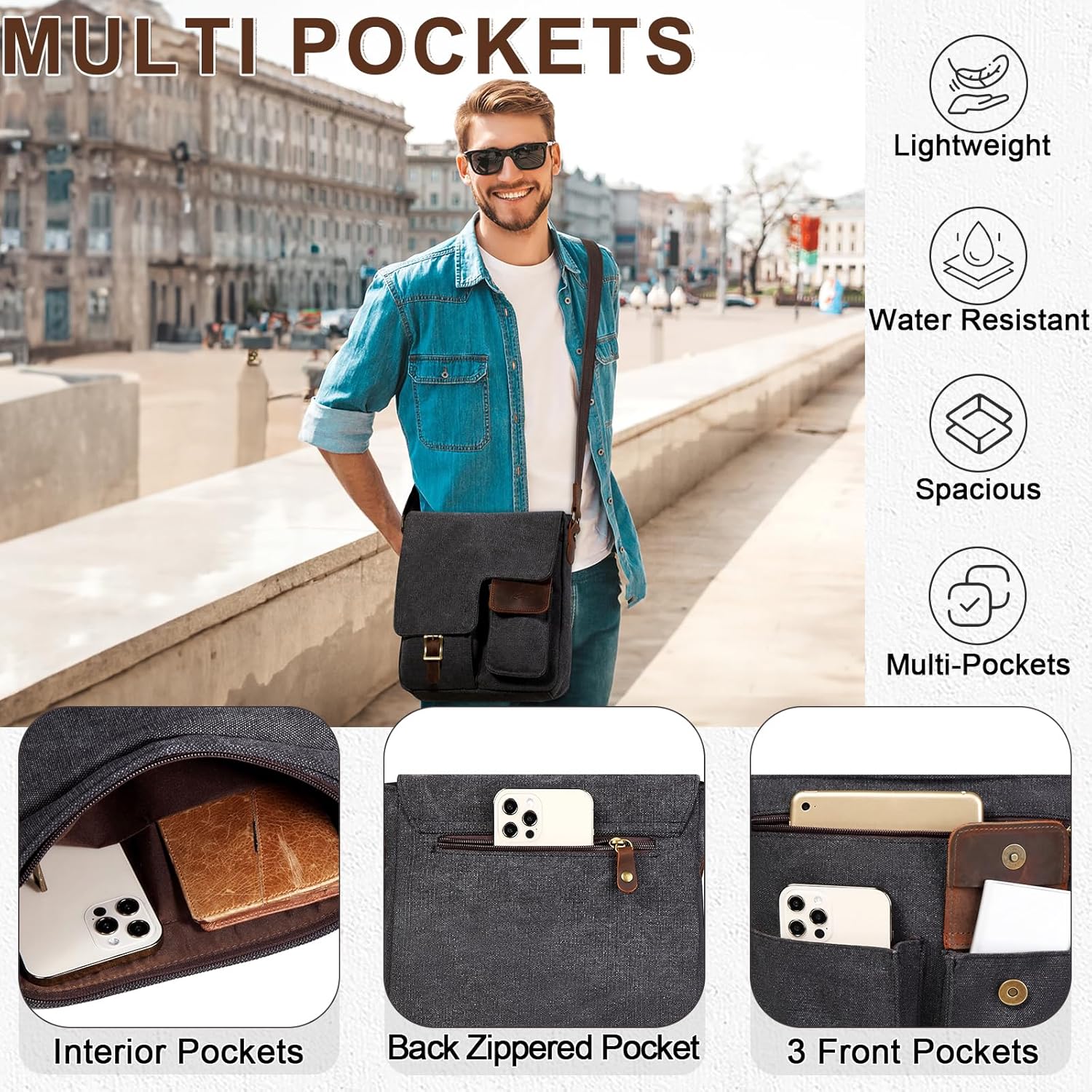 Kasqo Small Messenger Bag, Canvas Leather Crossbody Bag for Men Water Resistant Women Shoulder Bag Purse for Work Business