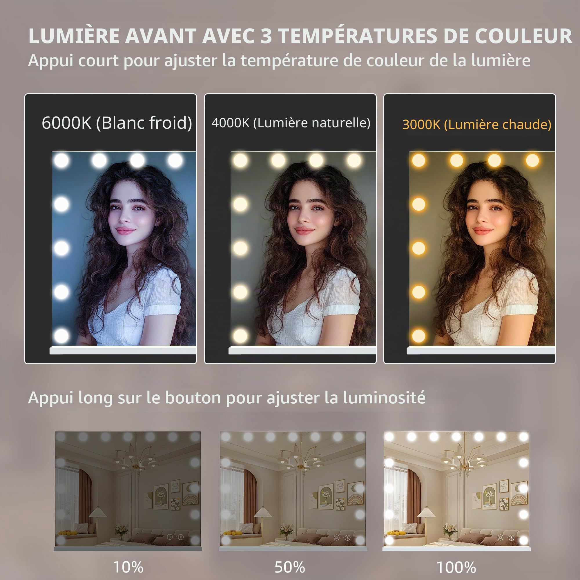 Hansong Miroir Maquillage avec Bluetooth Miroir Coiffeuse Hollywood avec lumières 15 Ampoules LED éclairage 3 Couleurs