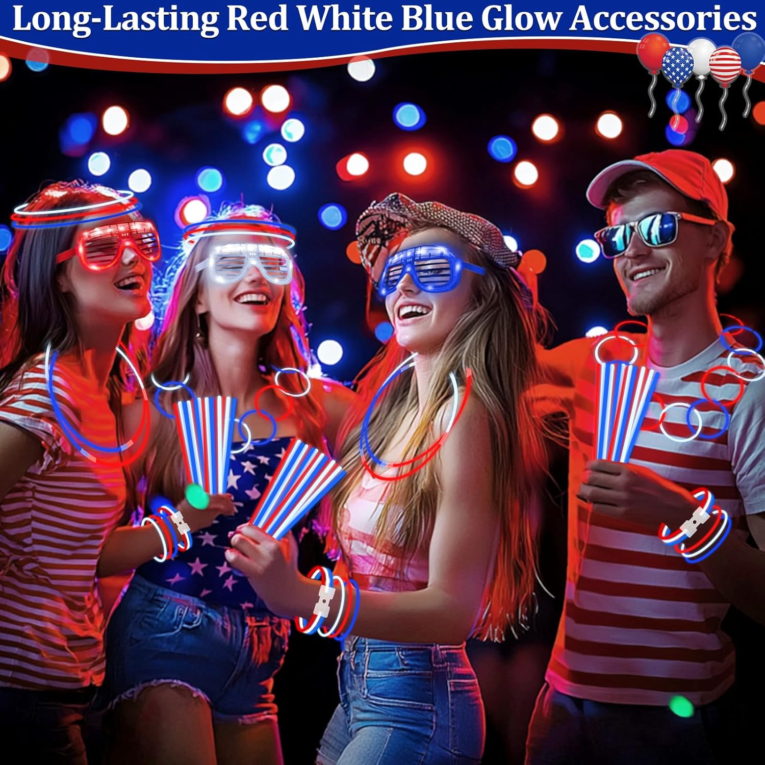 248 Pcs 4th of July Light Up Party Favors, 24 Red White Blue Glasses 200 Patriotic Glow Sticks Bulk with Connectors Glow in the Dark Party Supplies 250th Anniversary USA,Independence Day Decor
