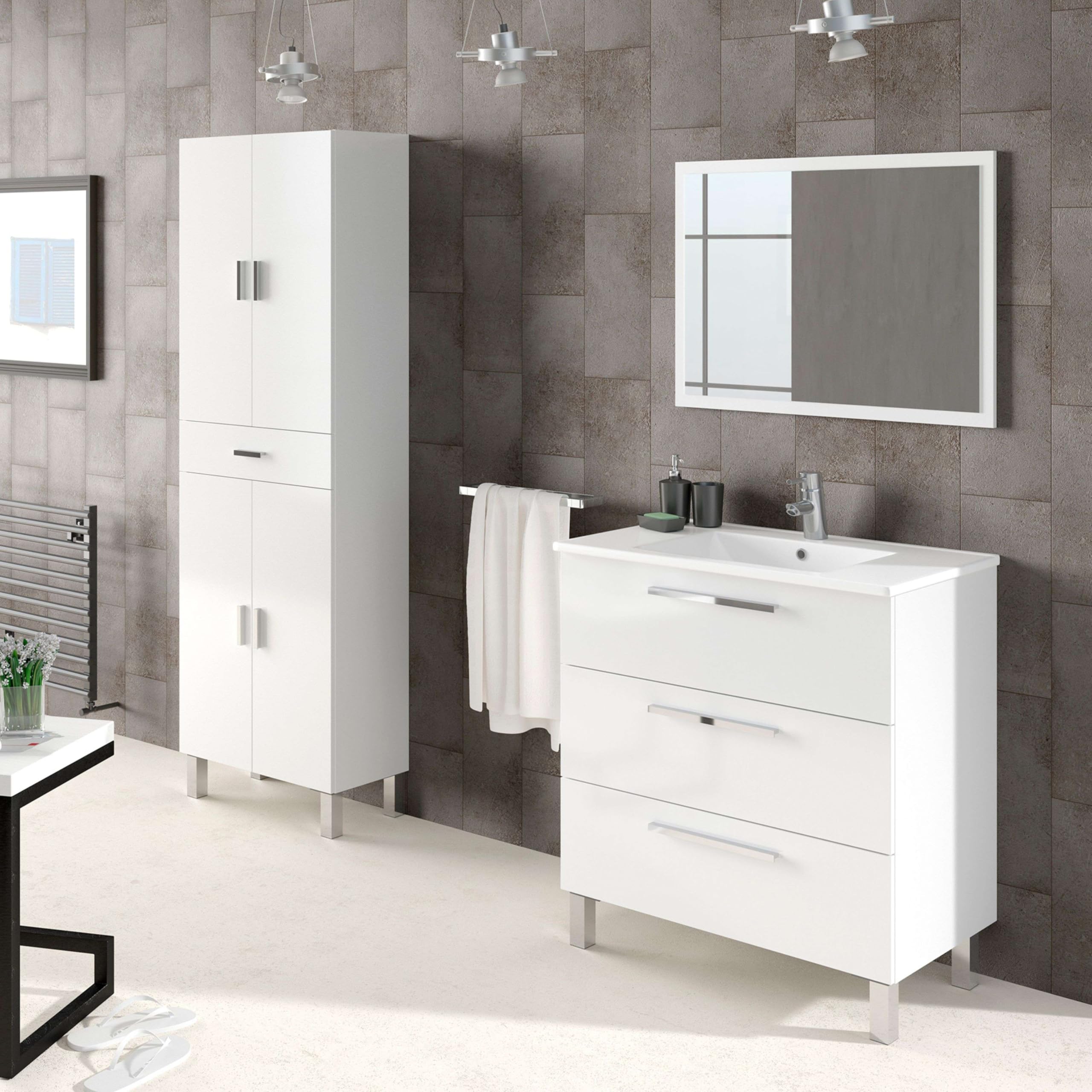 Miroytengo Mueble Auxiliar de Baño Galatea Blanco Brillo 60x182 cm Columna de Baño 4 Puertas, 1 Cajón y Estantes Regulables