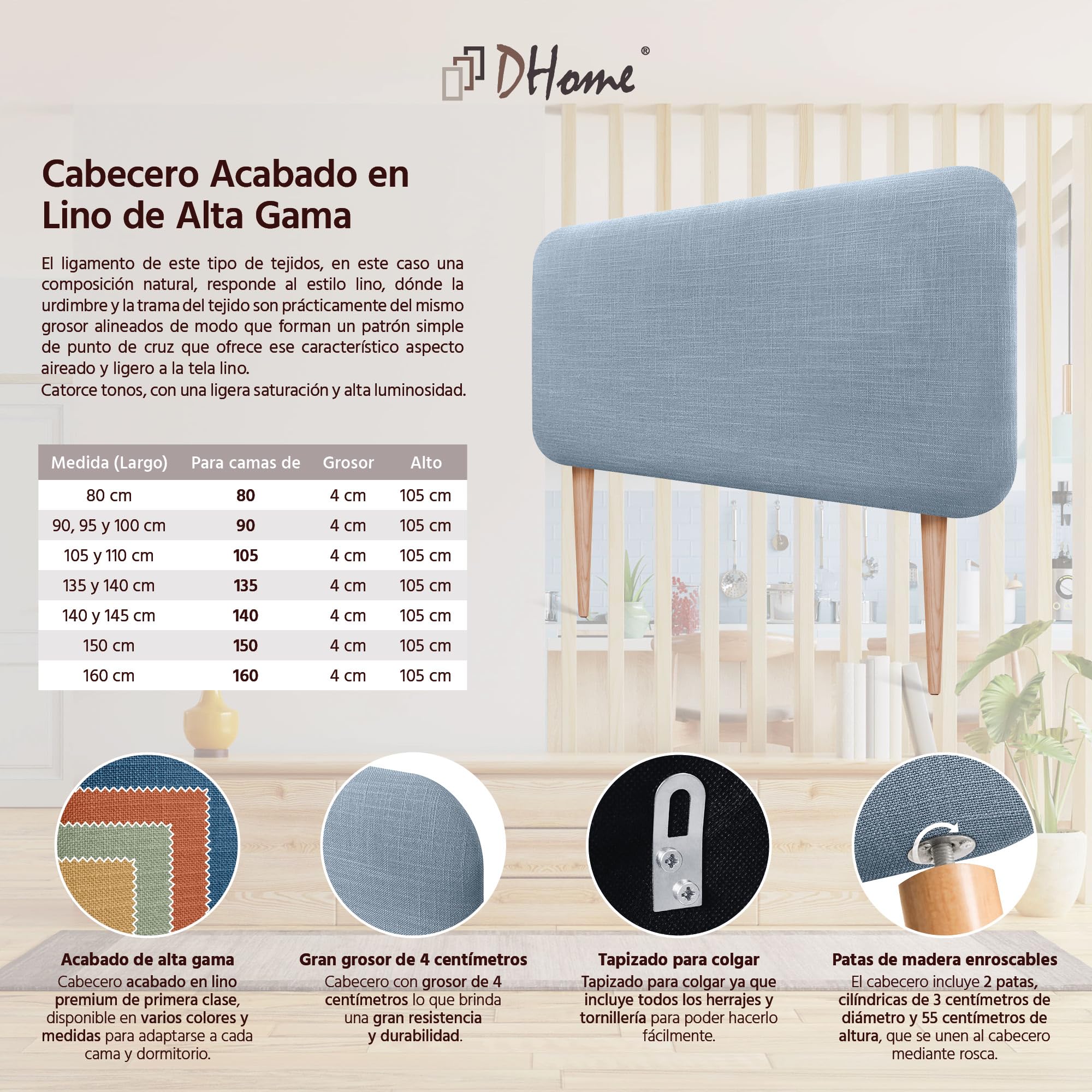 DHOME Testiera Imbottita Liscia Arrotondata in Lino Naturale con Gambe per Parete Acustica Testate Letto Fonoassorbenti Camera da Letto (Blu, 110cm)